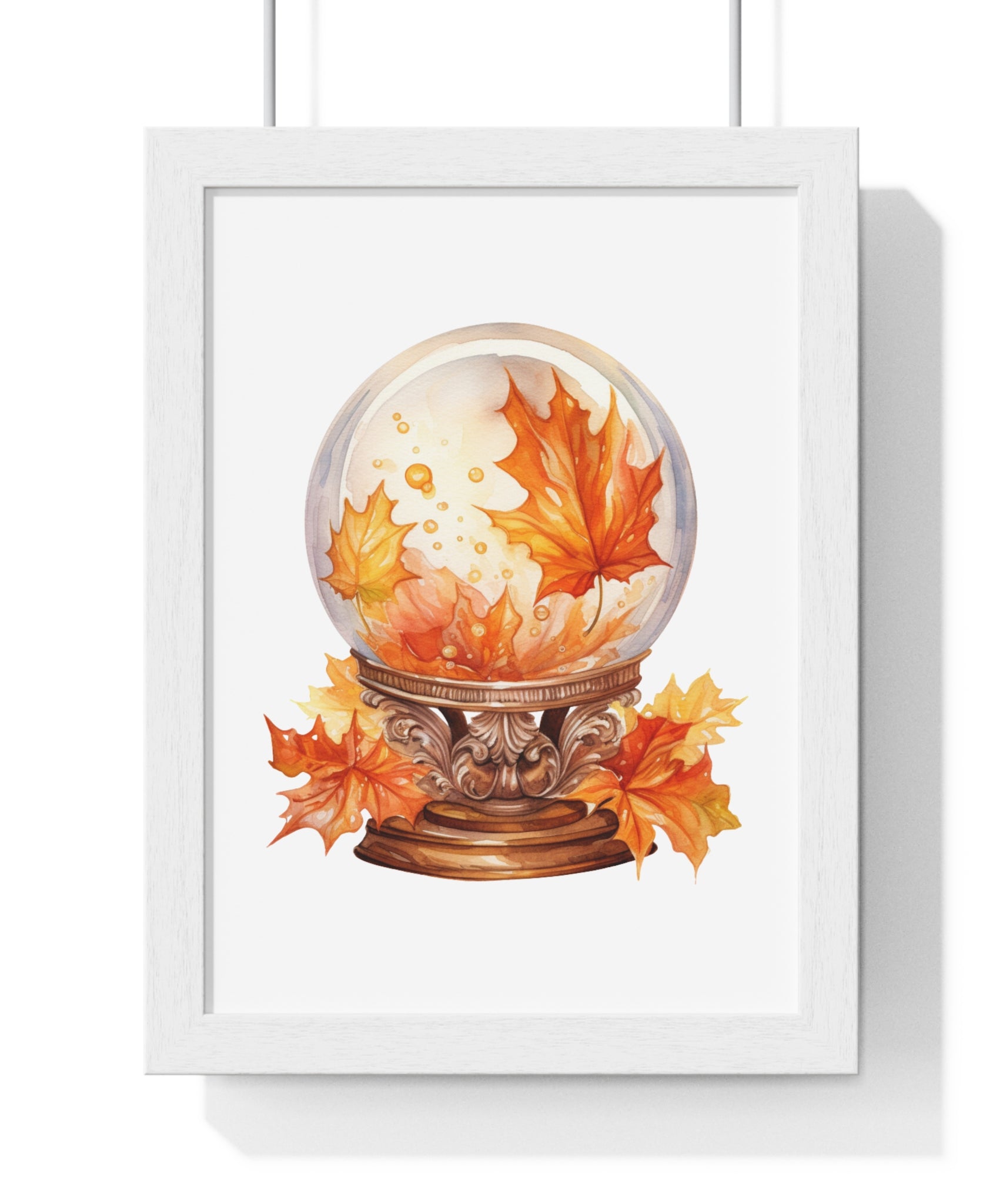 Floating Leaves Snow Globe Wall Art – Ornate Autumn Fantasy Poster | Wooden Frame Seasonal Home Decor