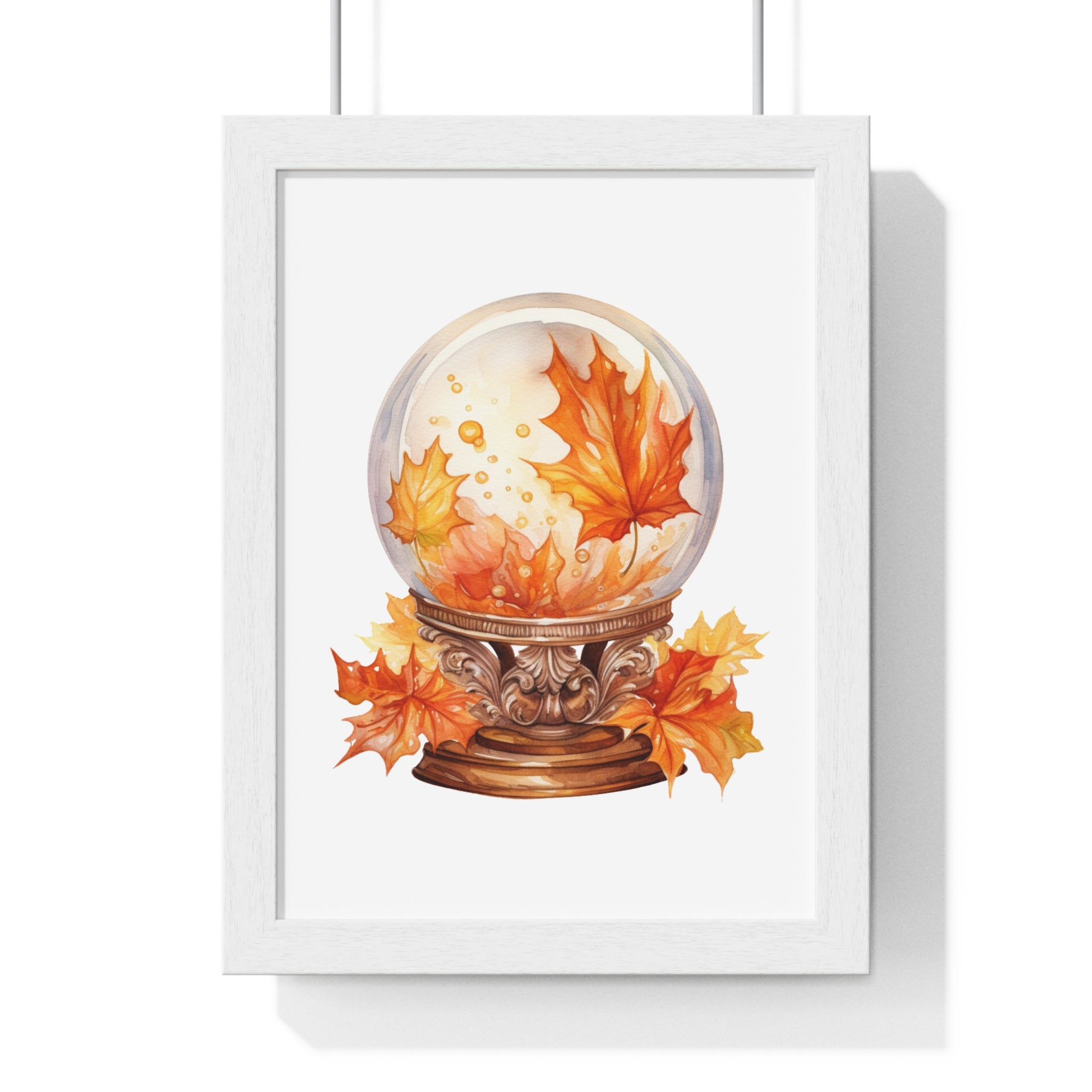 Floating Leaves Snow Globe Wall Art – Ornate Autumn Fantasy Poster | Wooden Frame Seasonal Home Decor