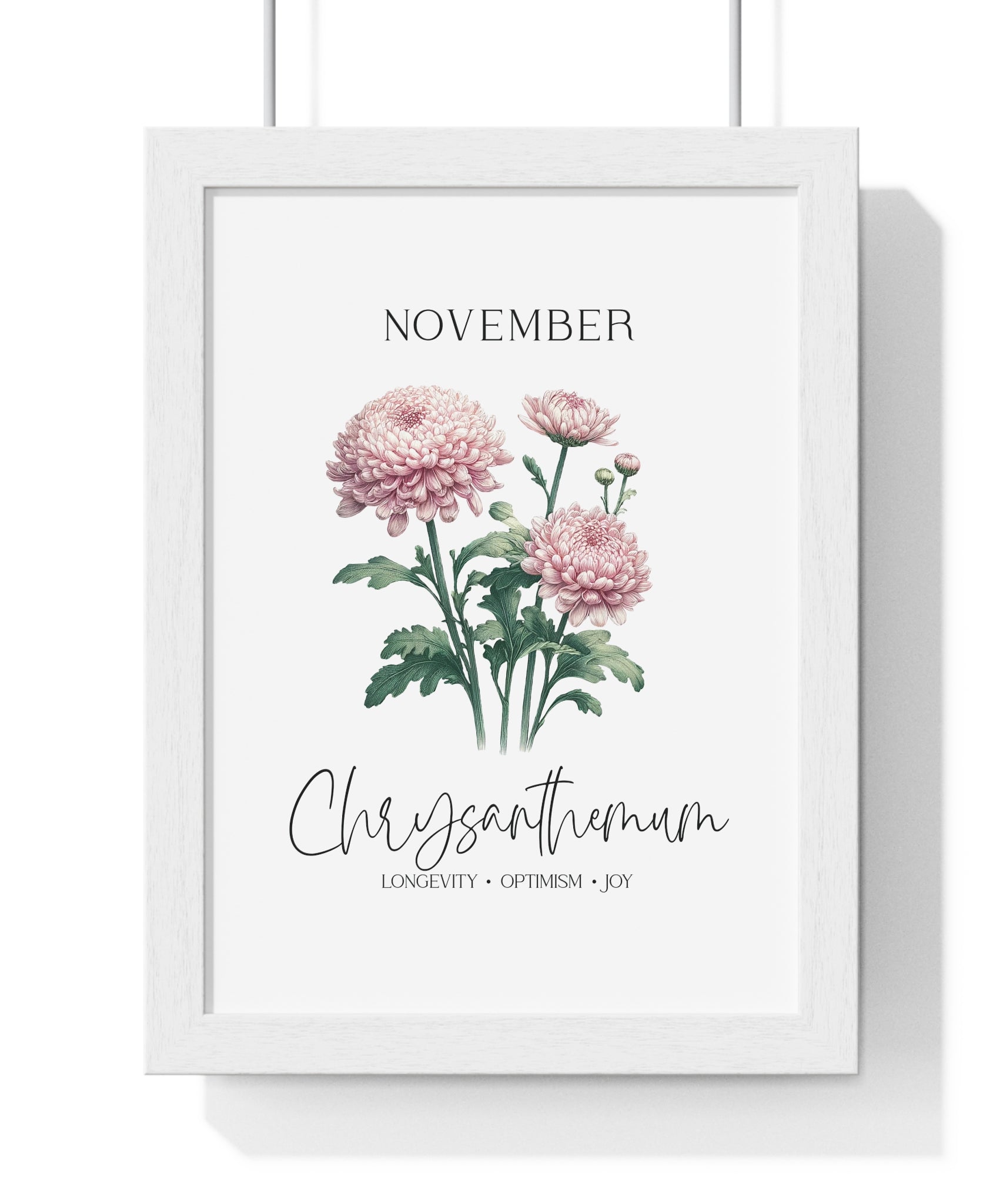 November Birth Month Flower Wall Art – Chrysanthemum Illustration in Wooden Frame | Longevity, Optimism & Joy