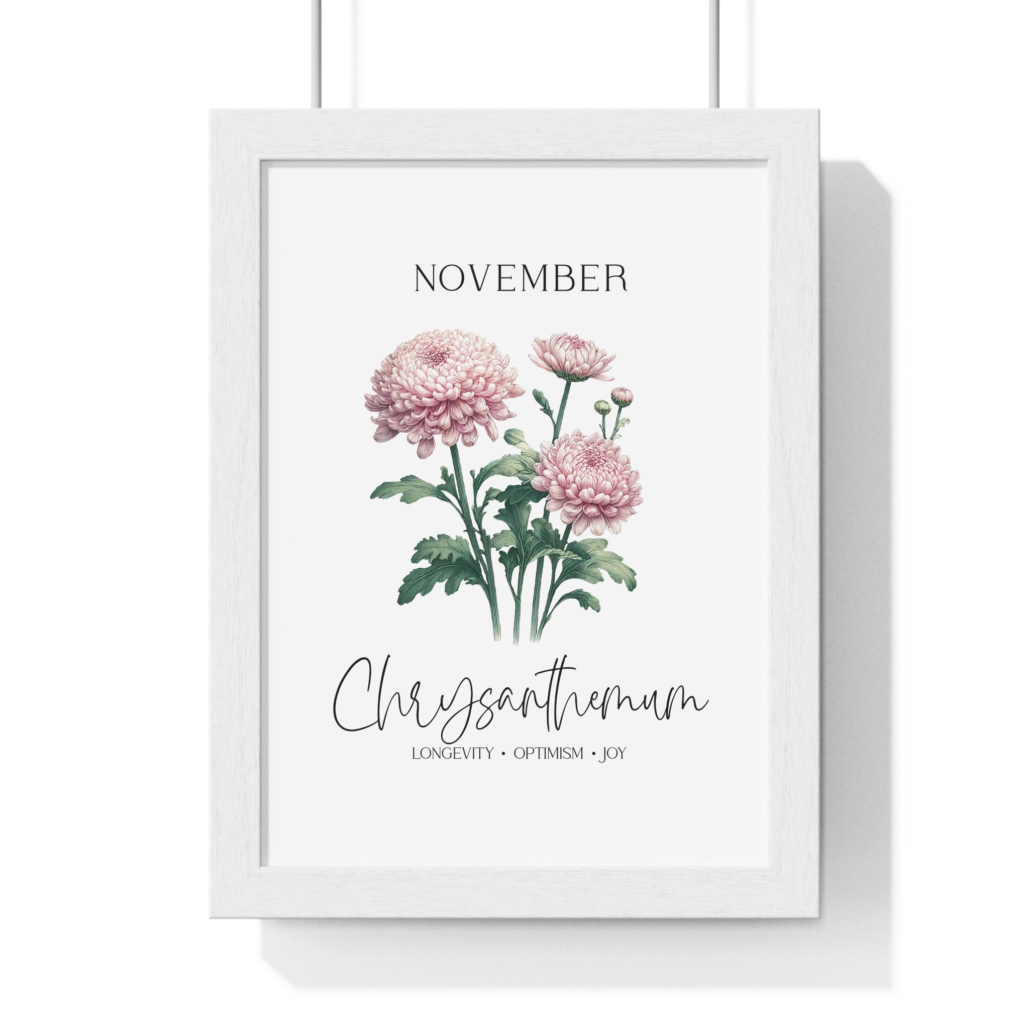 November Birth Month Flower Wall Art – Chrysanthemum Illustration in Wooden Frame | Longevity, Optimism & Joy