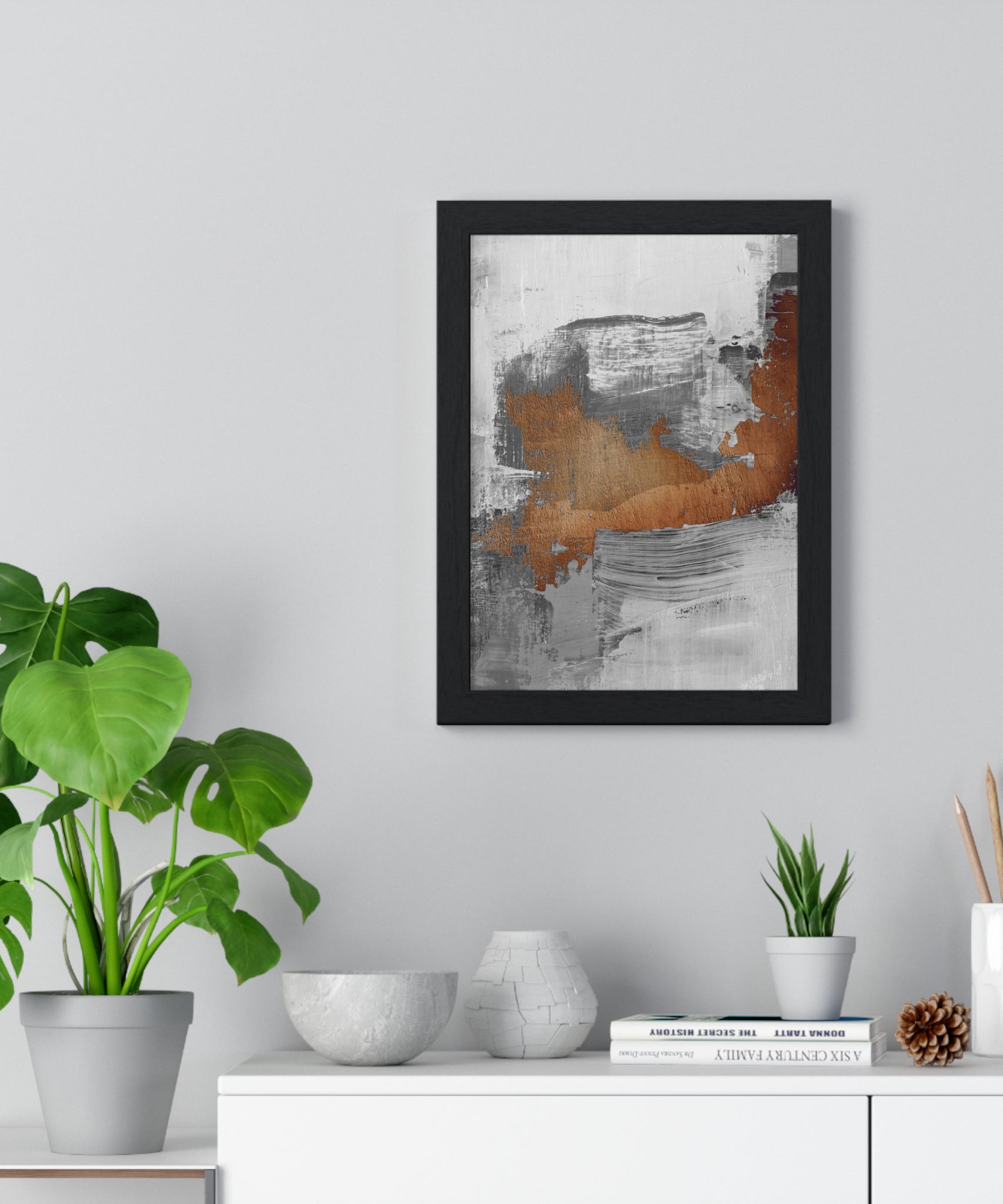 Textured Abstract Wall Art – Grey, Copper & White Modern Brushstroke Poster on Wooden Frame