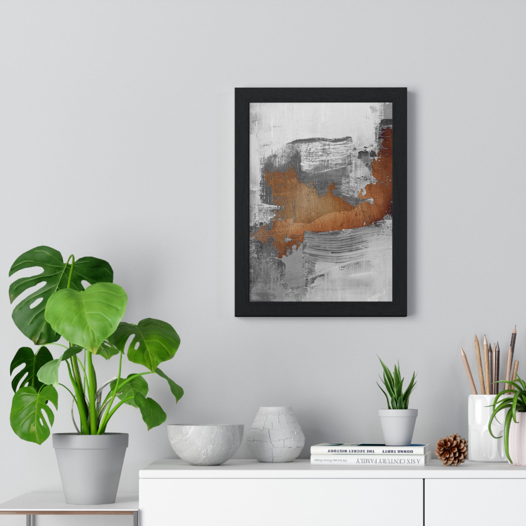 Textured Abstract Wall Art – Grey, Copper & White Modern Brushstroke Poster on Wooden Frame