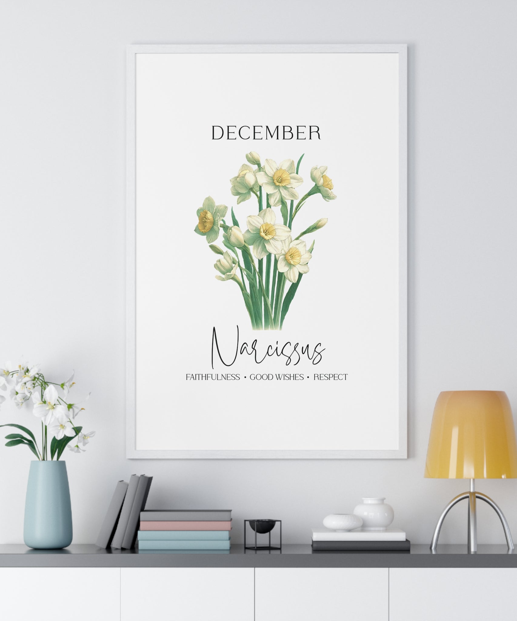 December Birth Month Flower Wall Art – Narcissus Illustration in Wooden Frame | Faithfulness, Good Wishes & Respect