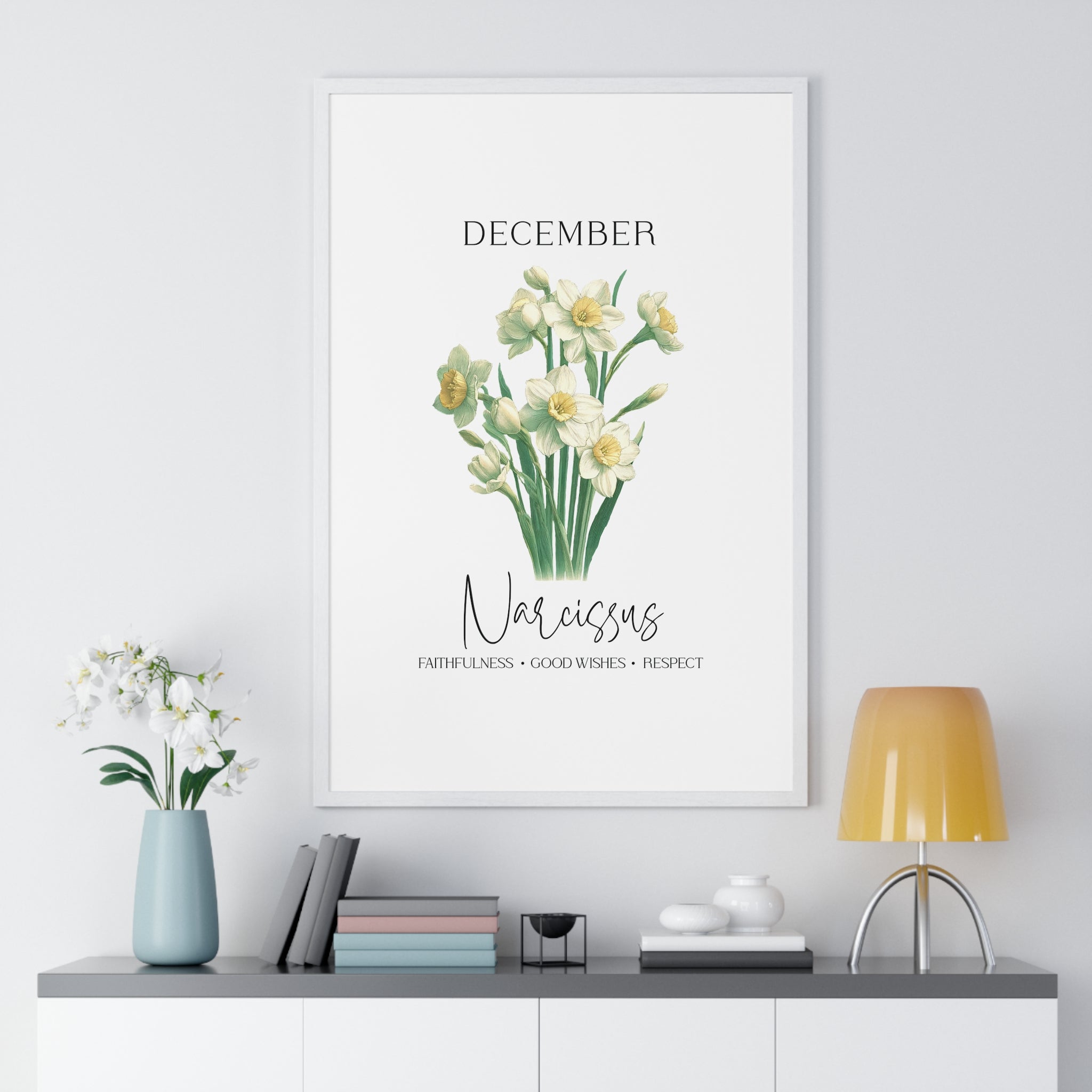 December Birth Month Flower Wall Art – Narcissus Illustration in Wooden Frame | Faithfulness, Good Wishes & Respect