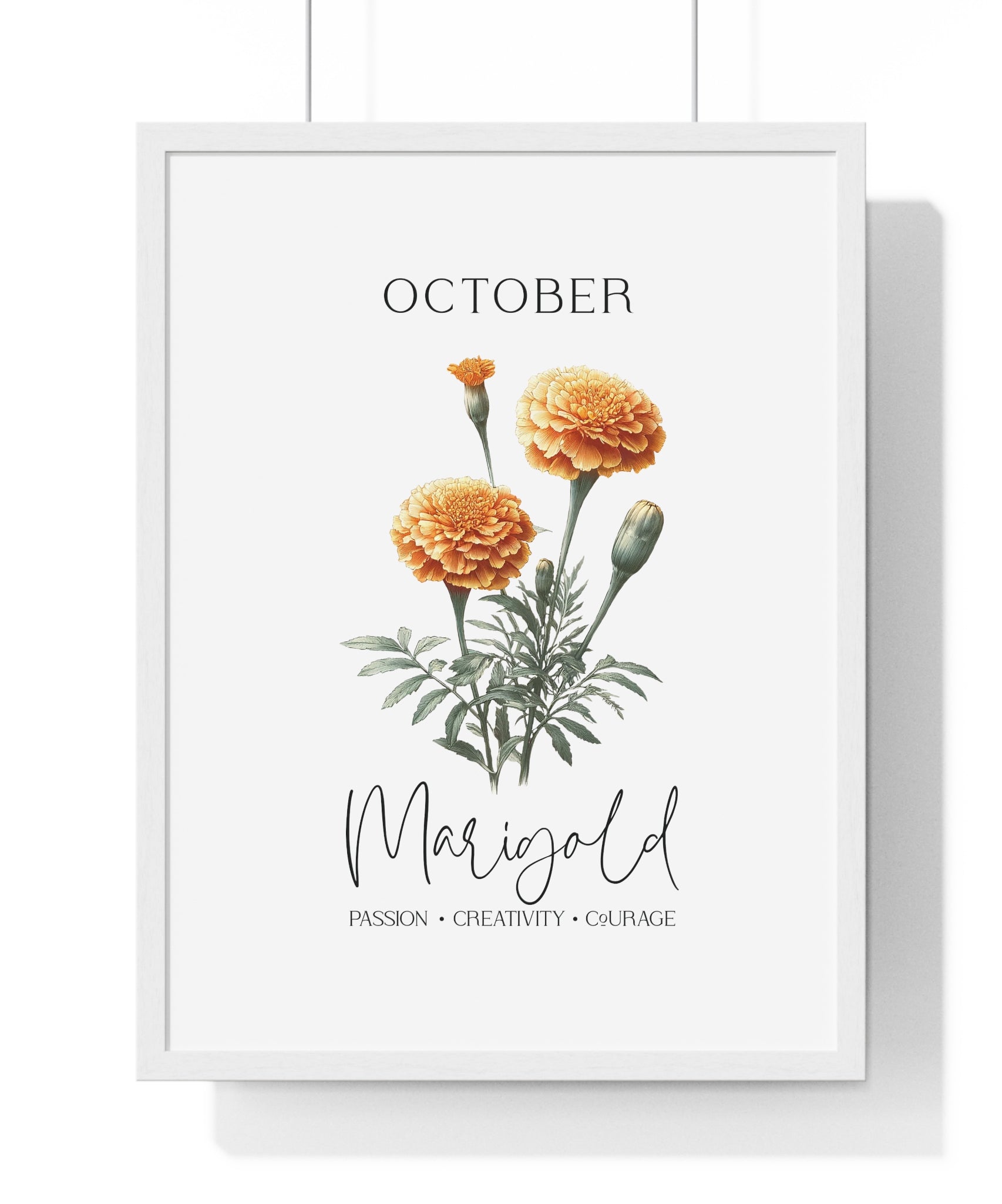 October Birth Month Flower Wall Art – Marigold Illustration in Wooden Frame | Passion, Creativity & Courage