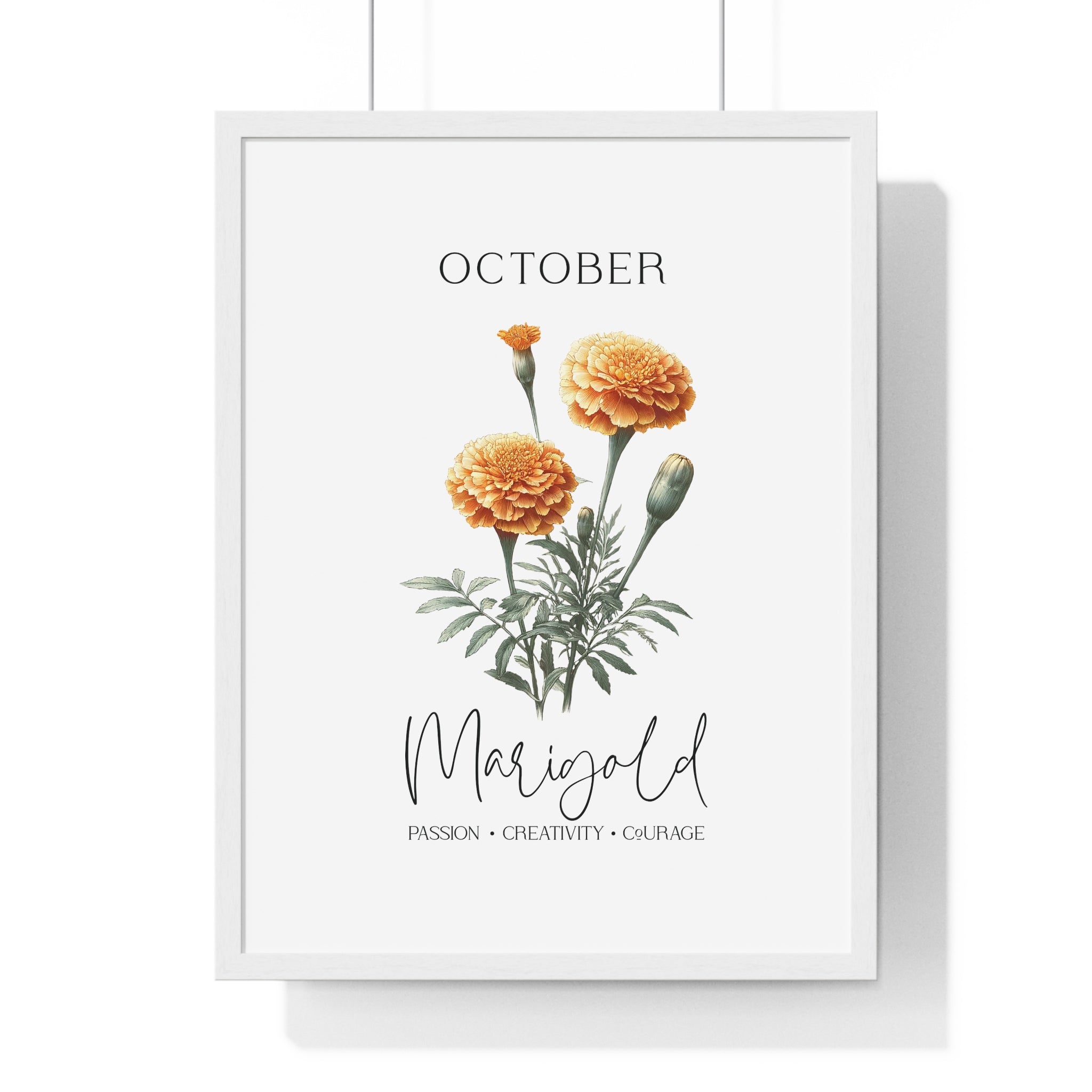 October Birth Month Flower Wall Art – Marigold Illustration in Wooden Frame | Passion, Creativity & Courage