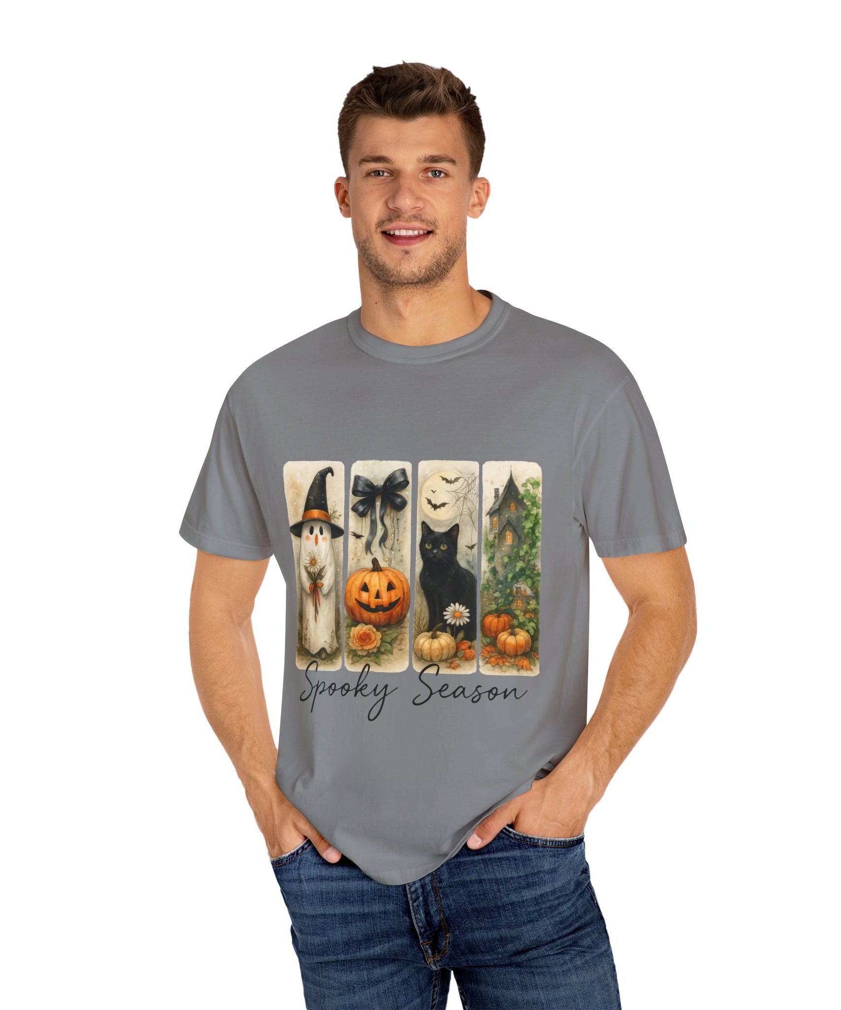 Vintage Halloween Unisex T-Shirt – Cute Ghost, Black Cat, Pumpkin & Haunted House Art - Gallory Hive