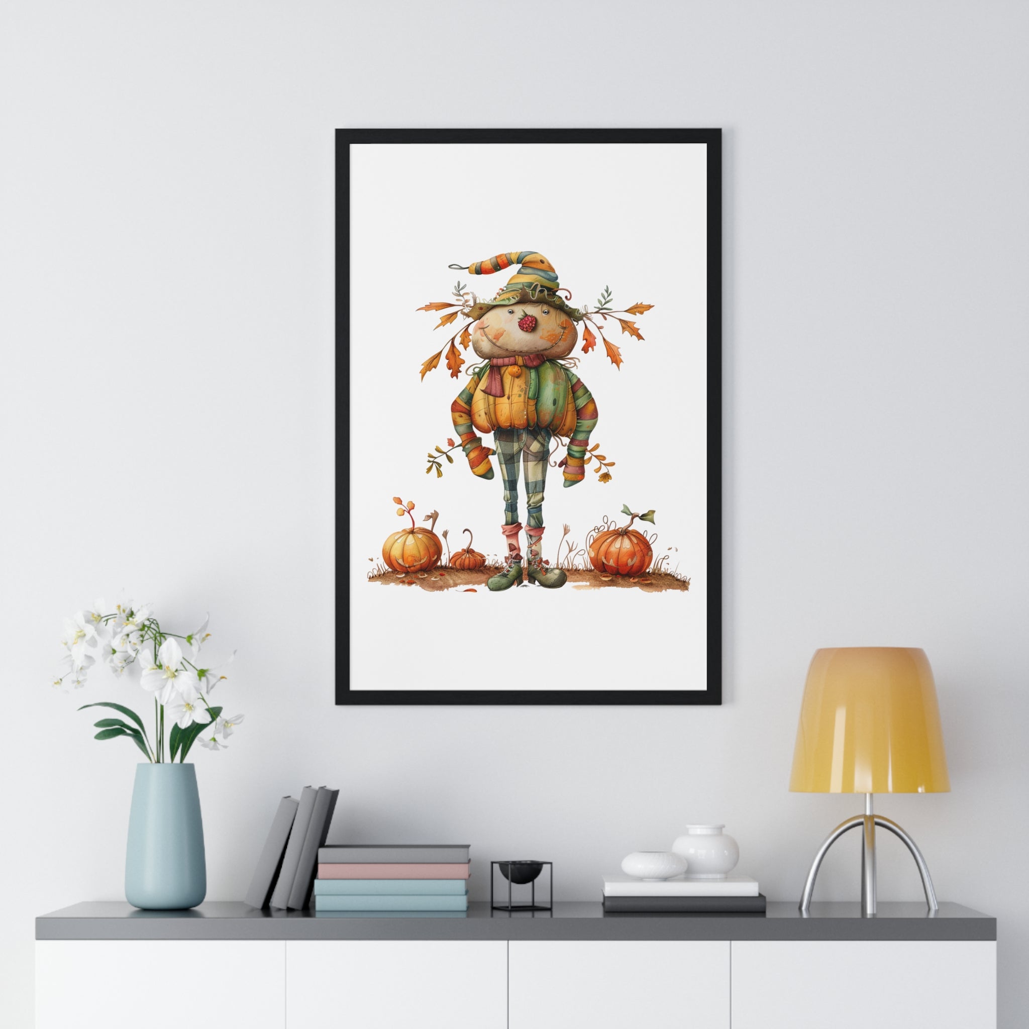 Cheerful Autumn Scarecrow – Whimsical Framed Fall Wall Art