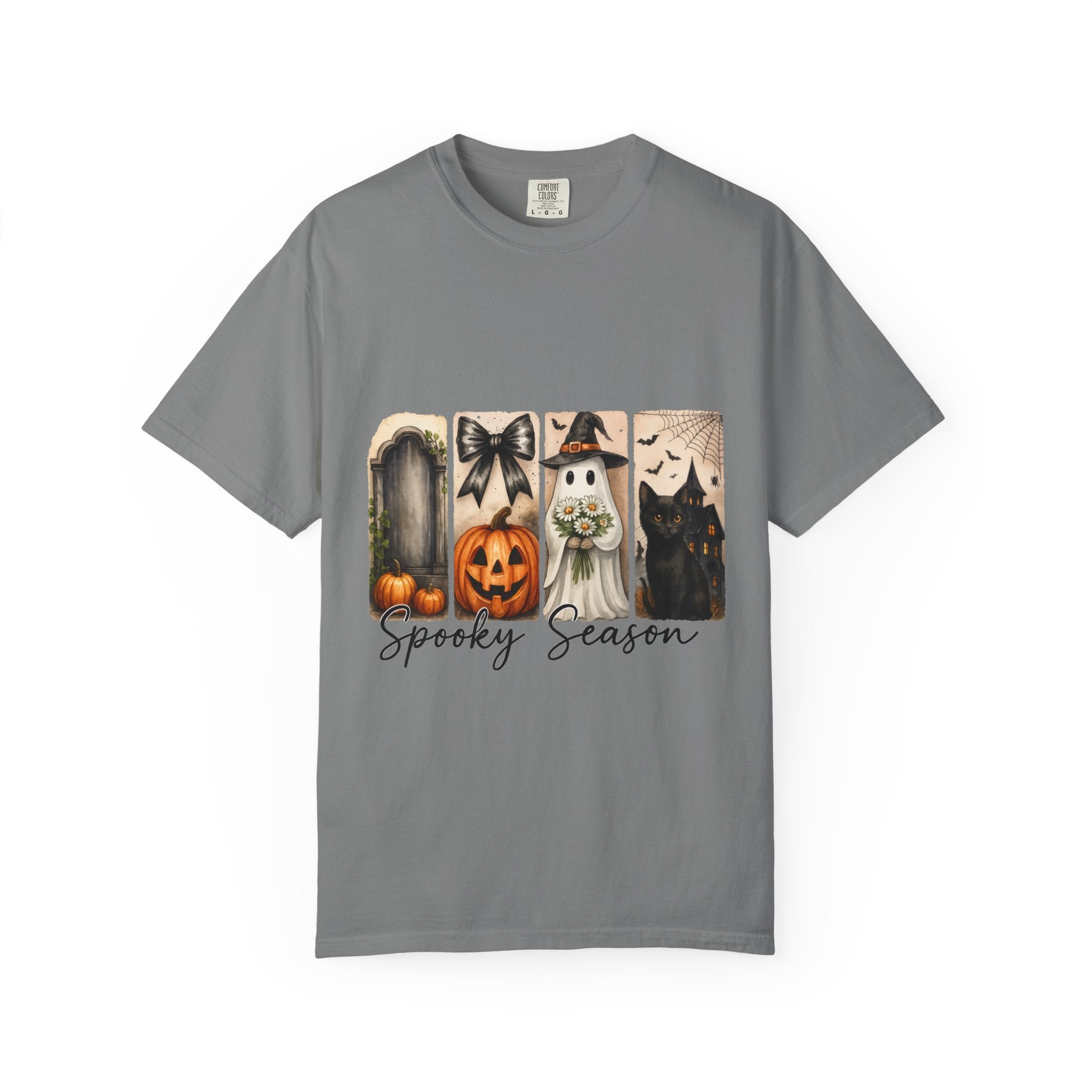 Spooky Season Unisex Halloween T-Shirt – Ghost, Black Cat, Pumpkin & Haunted House Art