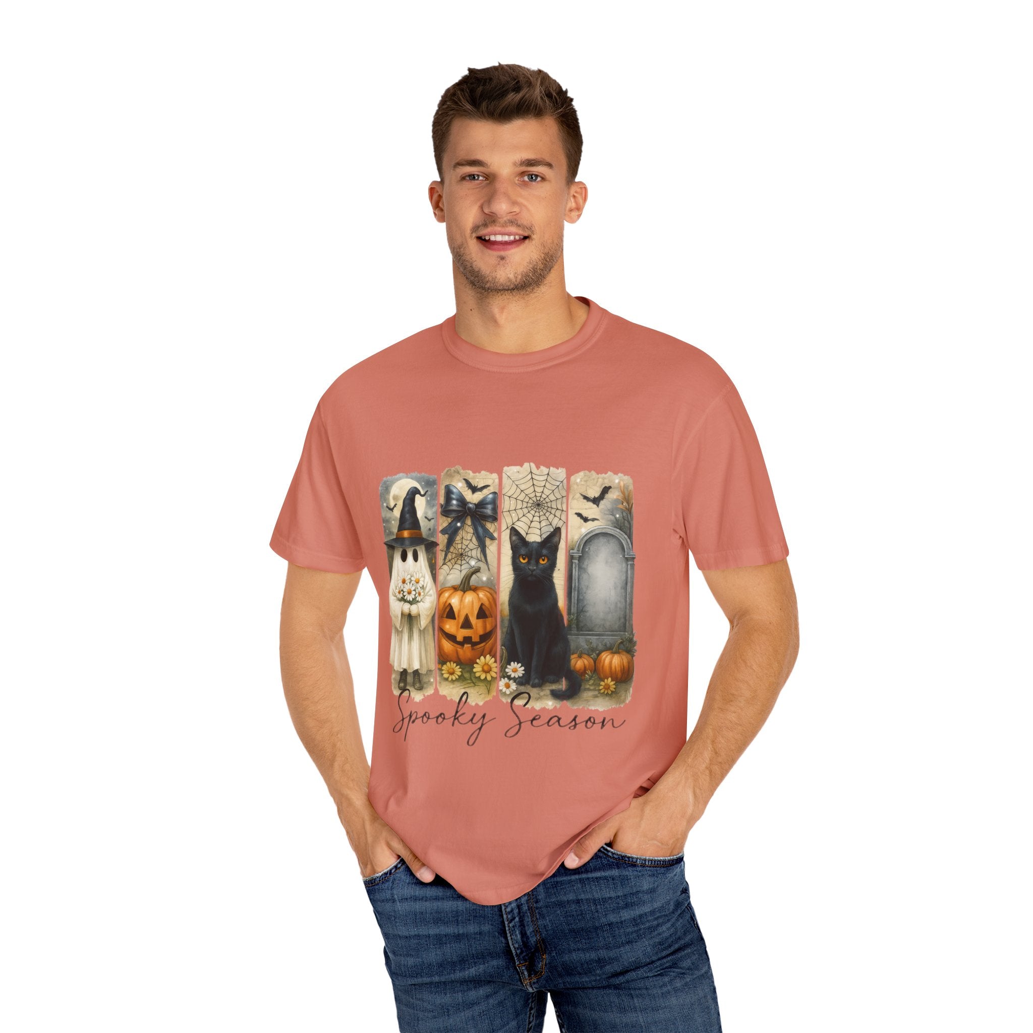 Spooky Season Halloween Unisex T-Shirt – Ghost, Black Cat & Pumpkin Design
