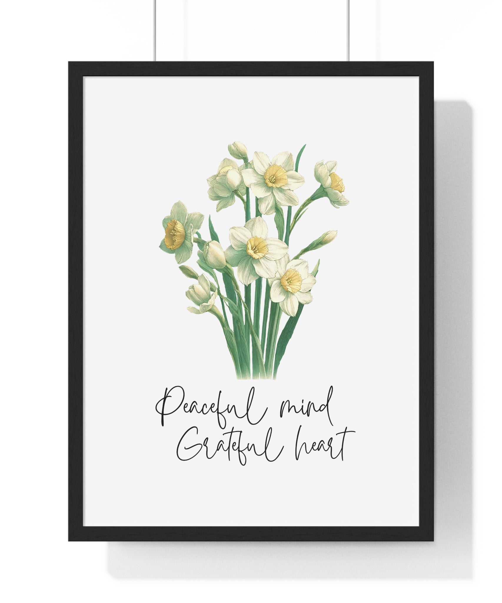 December Birth Month Flower Wall Art – Narcissus Illustration with Inspirational Quote in Wooden Frame | Peaceful Mind & Grateful Heart