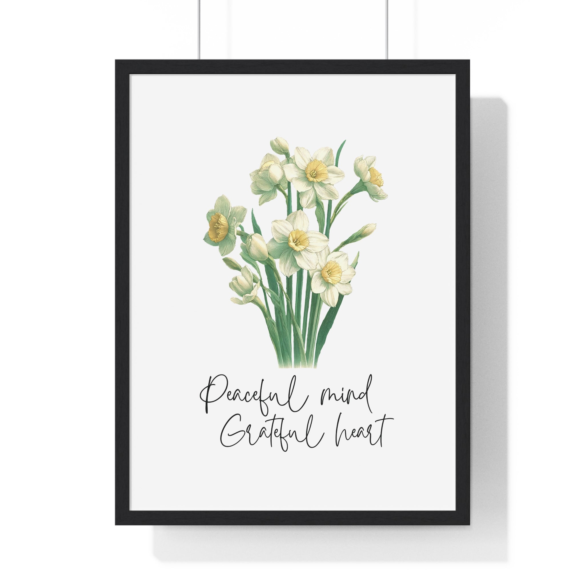 December Birth Month Flower Wall Art – Narcissus Illustration with Inspirational Quote in Wooden Frame | Peaceful Mind & Grateful Heart