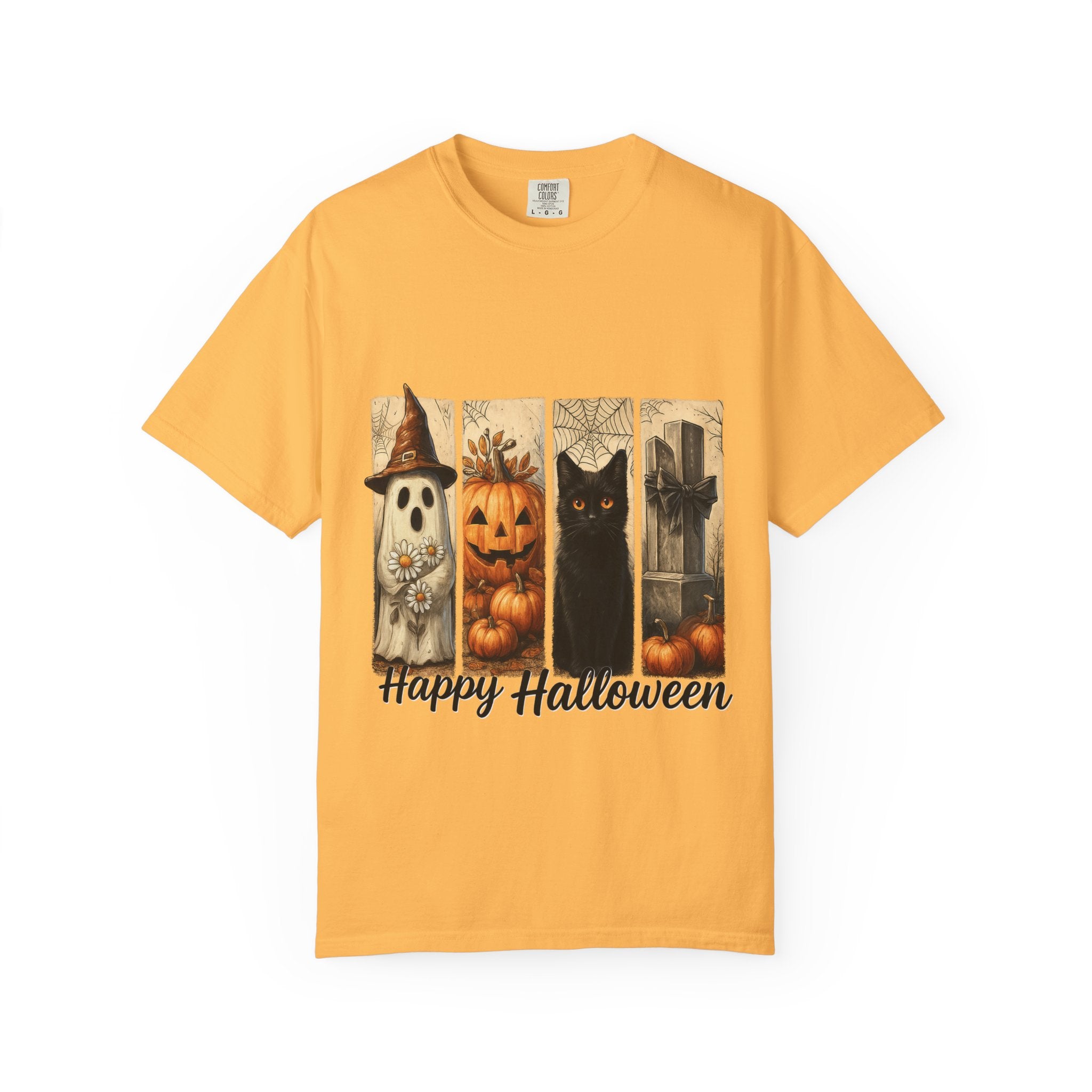 Happy Halloween Unisex T-Shirt – Ghost, Black Cat & Pumpkin Graphic Tee