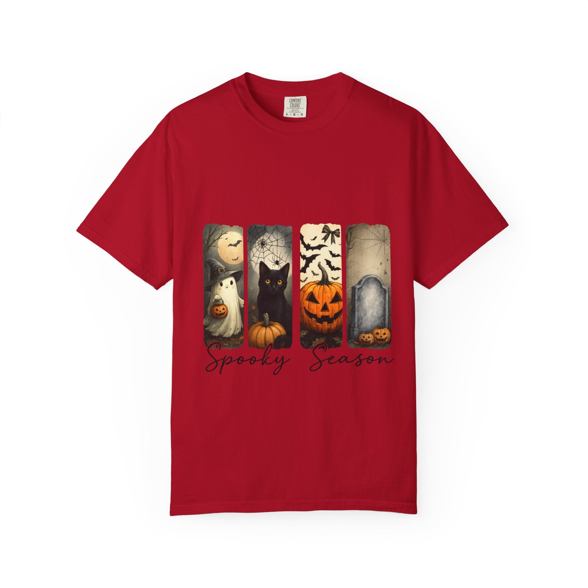 Halloween Night Unisex T-Shirt – Ghost, Black Cat, Pumpkin & Tombstone Vintage Art