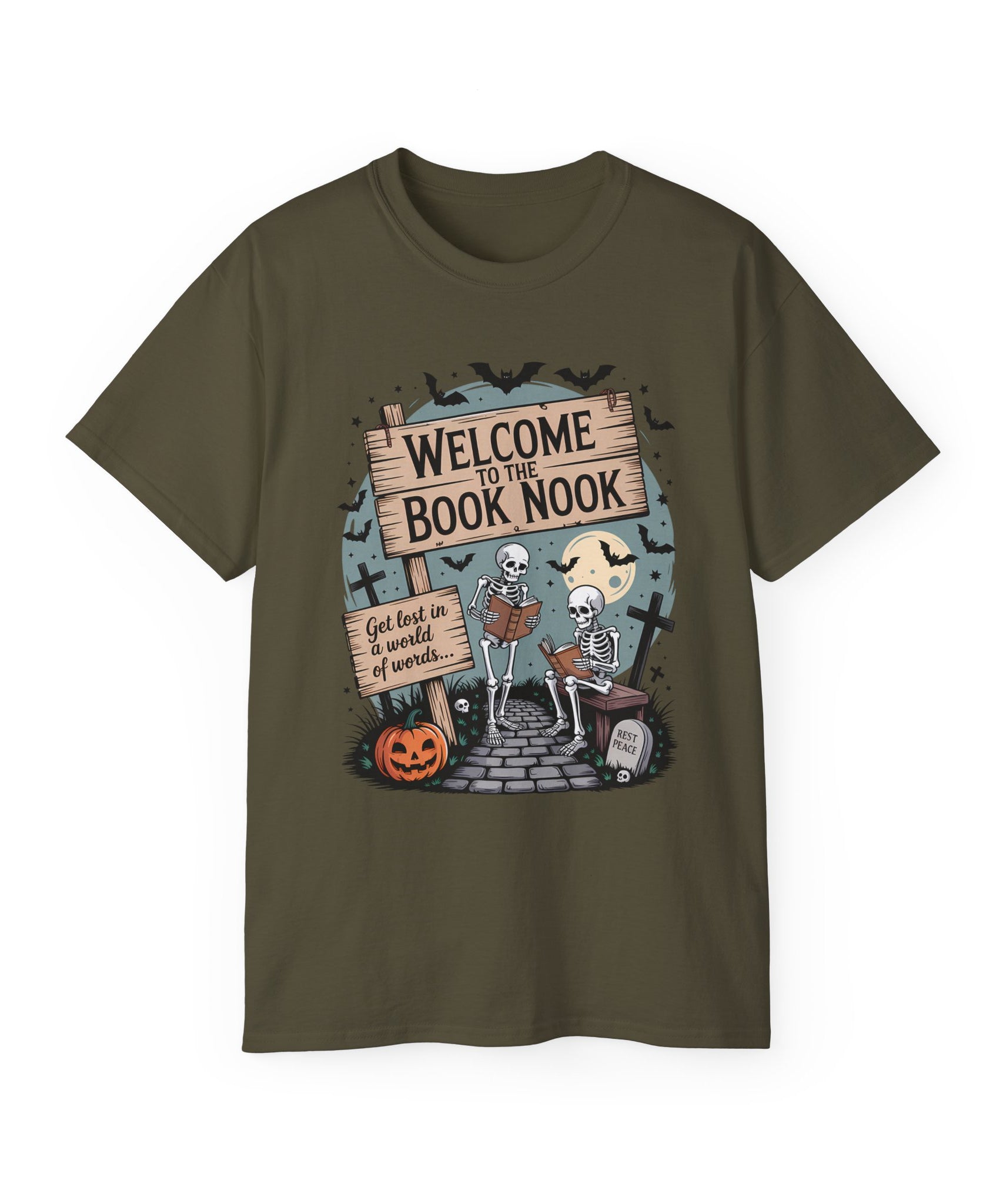 Welcome Book Nook Halloween Skeleton Tee | Gallory Hive