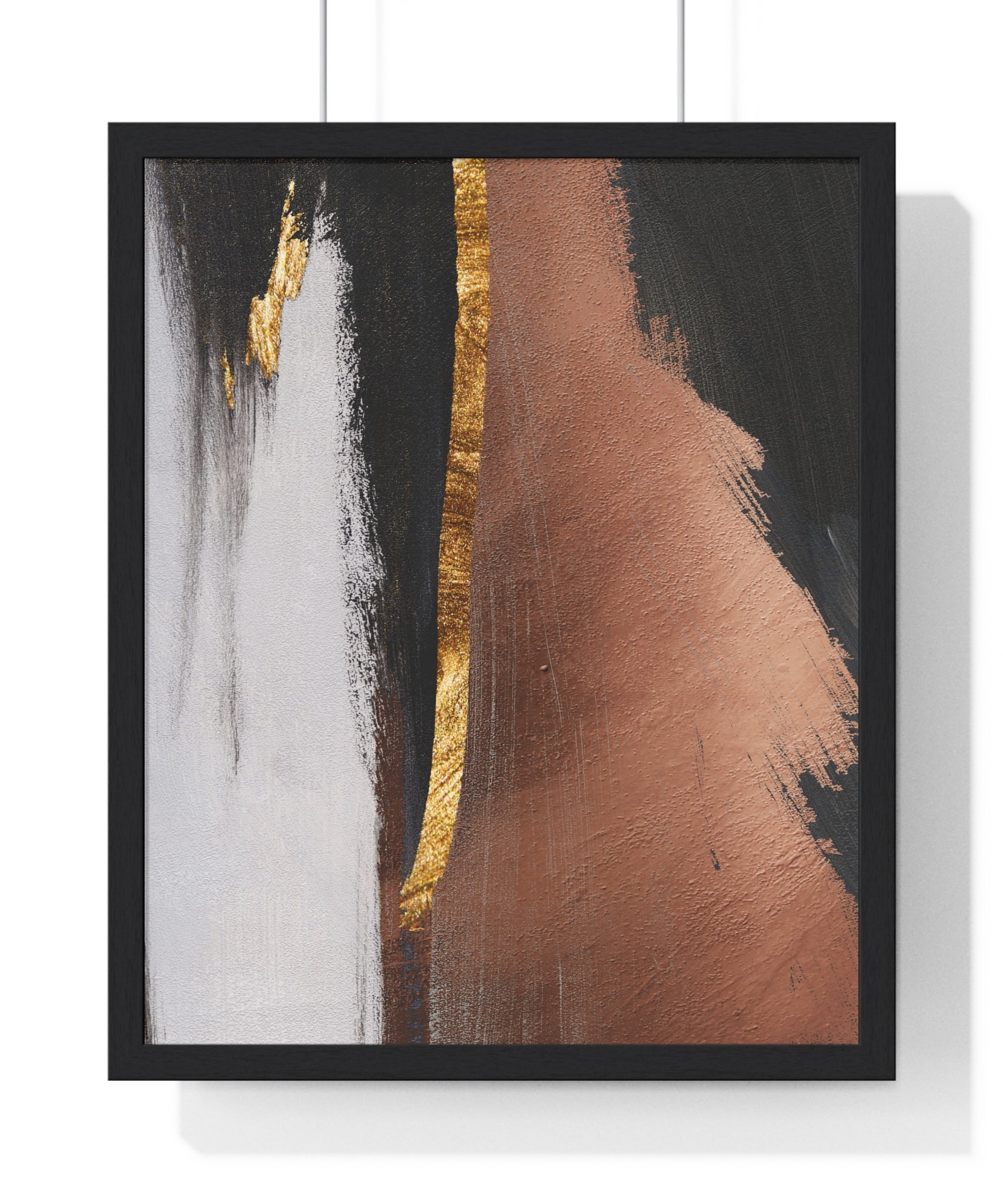 Modern Abstract Wall Art – Bold Black, Copper & Gold Textured Poster on Wooden Frame – Luxury Canvas Print for Home or Office