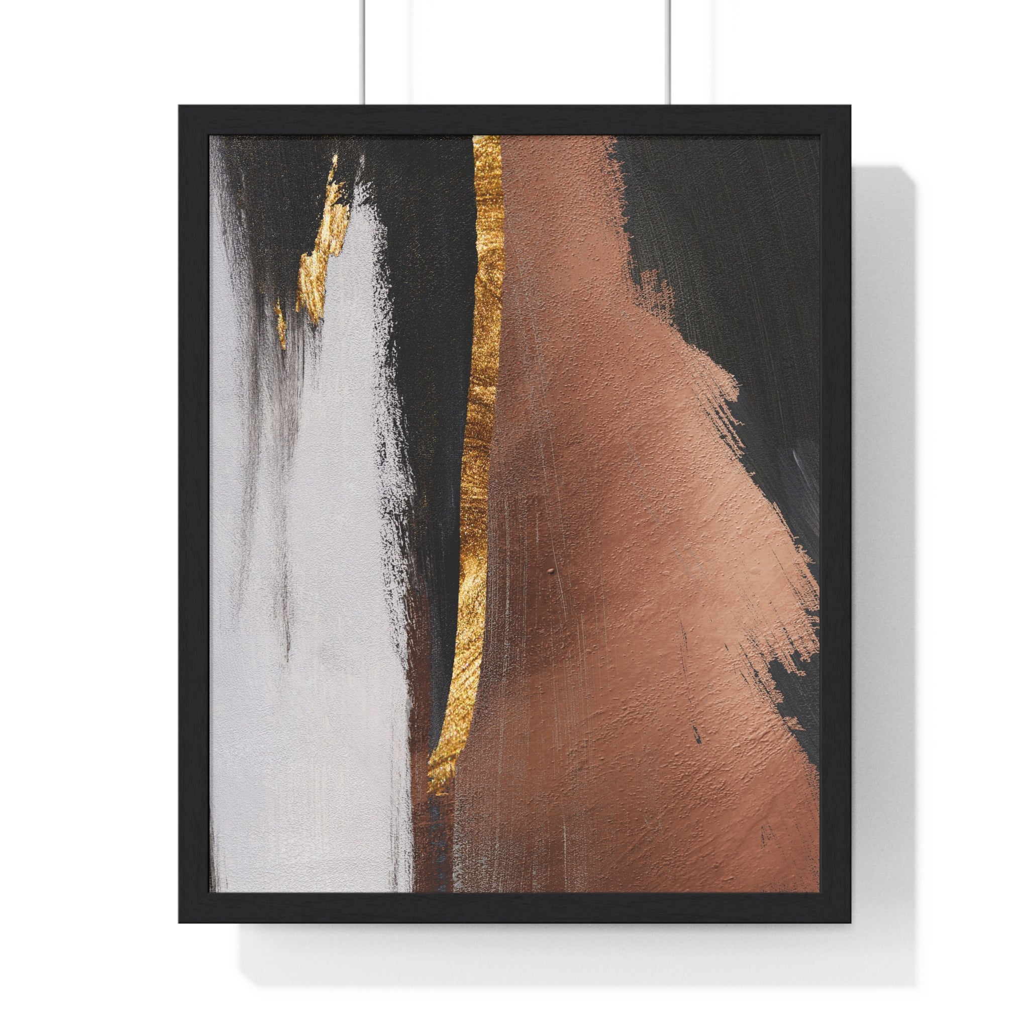 Modern Abstract Wall Art – Bold Black, Copper & Gold Textured Poster on Wooden Frame – Luxury Canvas Print for Home or Office
