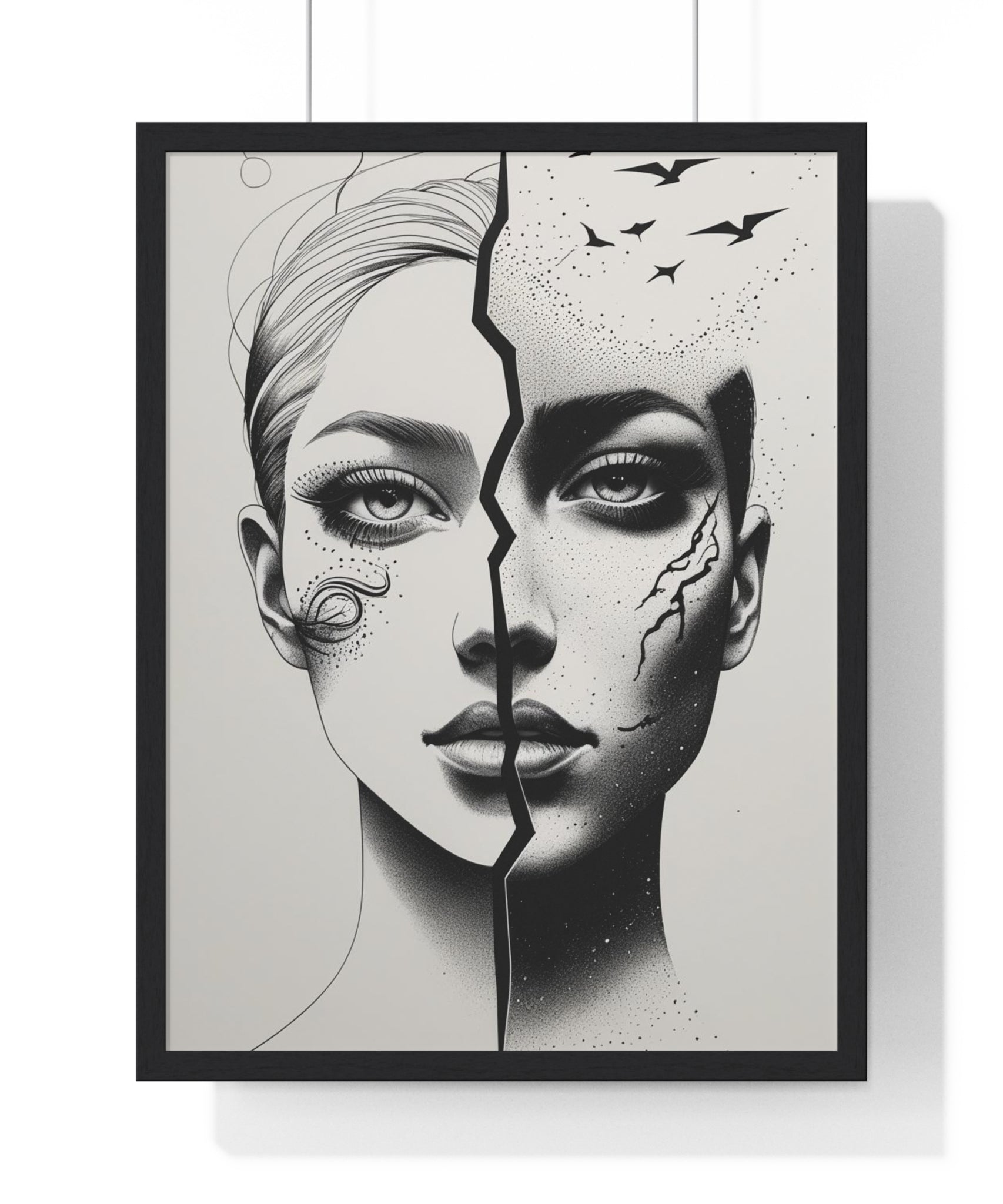 Vertical Framed Poster, Artistic Split Face Poster, Abstract Wall Art, Modern Home Decor, Unique Gift for Art Lovers, Stylish Room - Gallory Hive