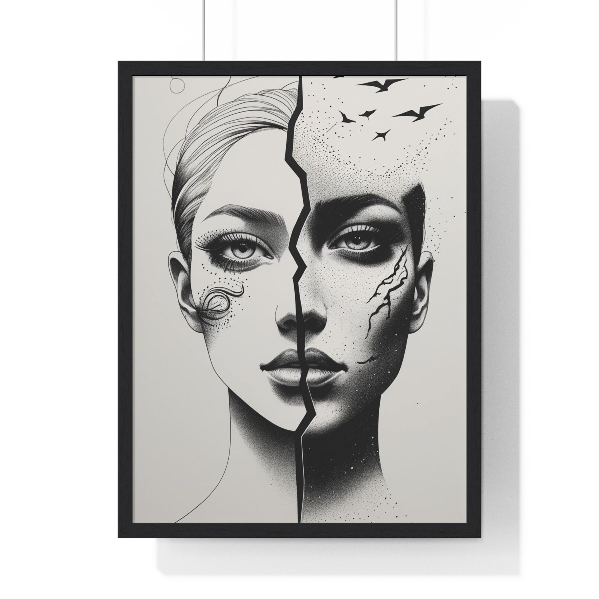 Vertical Framed Poster, Artistic Split Face Poster, Abstract Wall Art, Modern Home Decor, Unique Gift for Art Lovers, Stylish Room