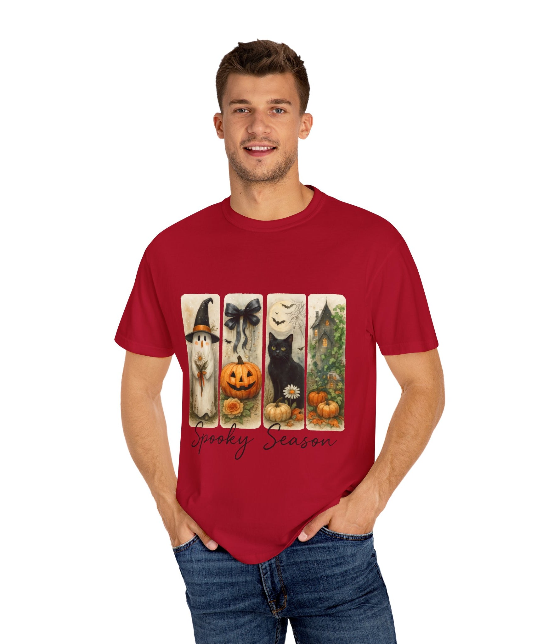 Vintage Halloween Unisex T-Shirt – Cute Ghost, Black Cat, Pumpkin & Haunted House Art - Gallory Hive