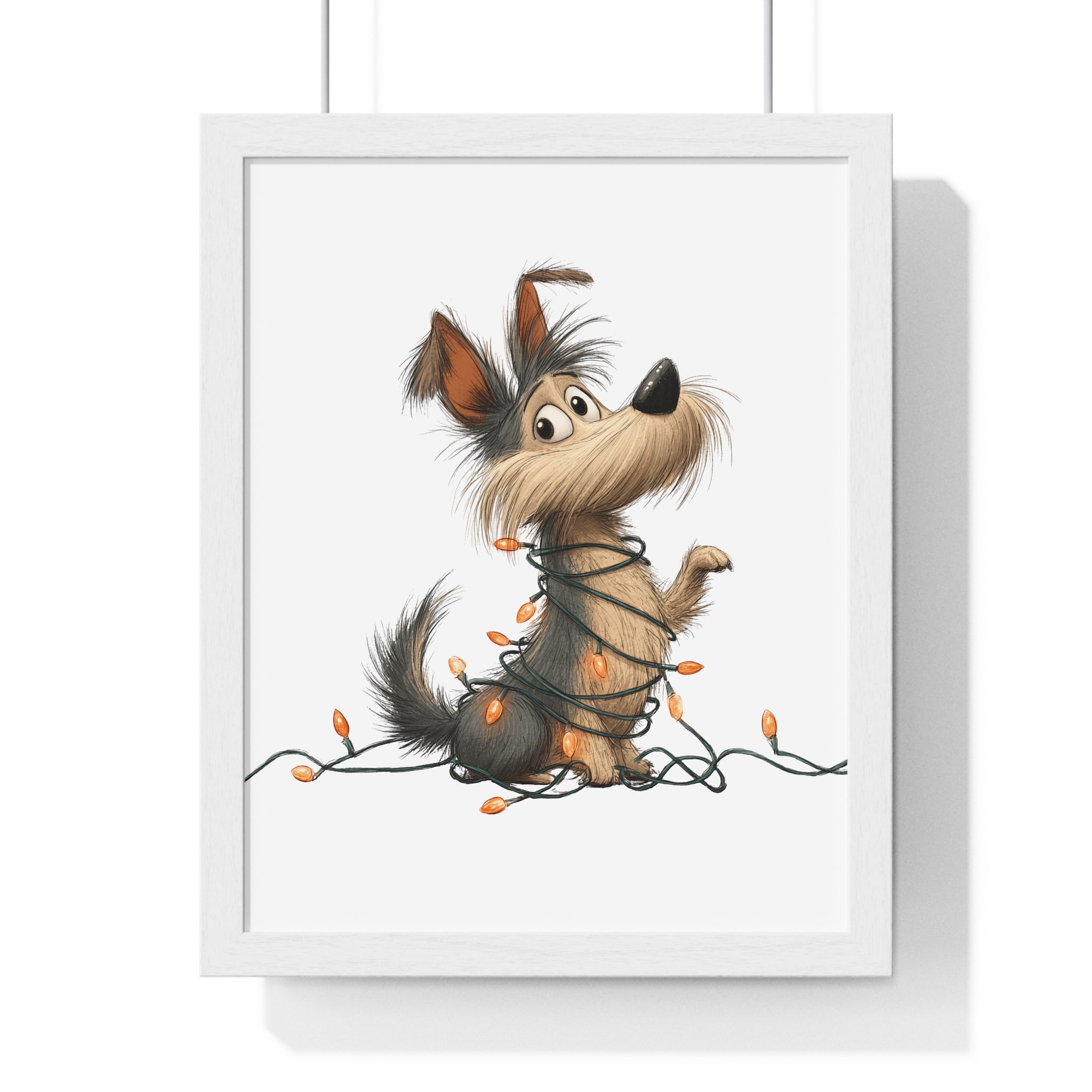Whimsical Dog Wrapped in Holiday Lights – Wooden Framed Wall Art - Gallory Hive