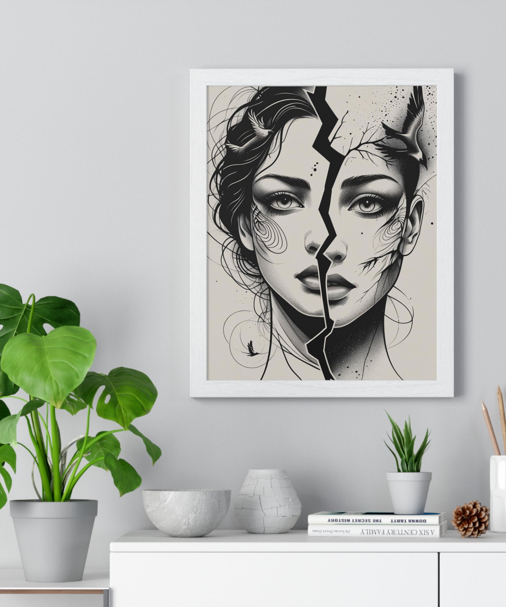 Vertical Framed Poster, Women Split Face Home Decor Art Modern Wall Unique Gift Inspirational Artwork, Wall Hanging Art Print - Gallory Hive