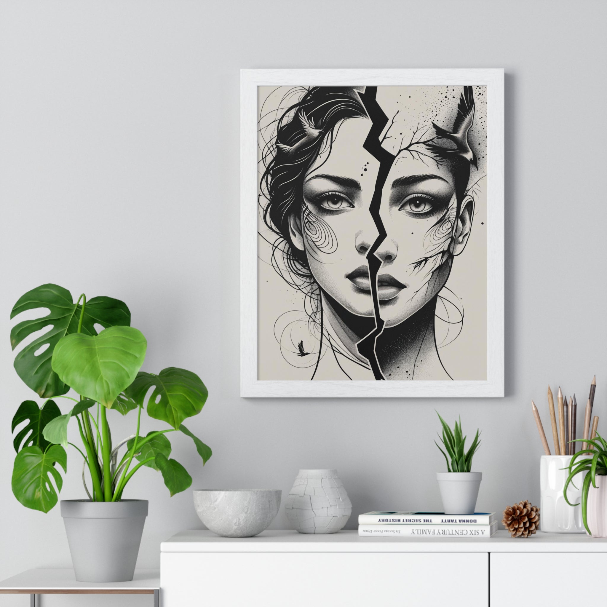 Vertical Framed Poster, Women Split Face Home Decor Art Modern Wall Unique Gift Inspirational Artwork, Wall Hanging Art Print