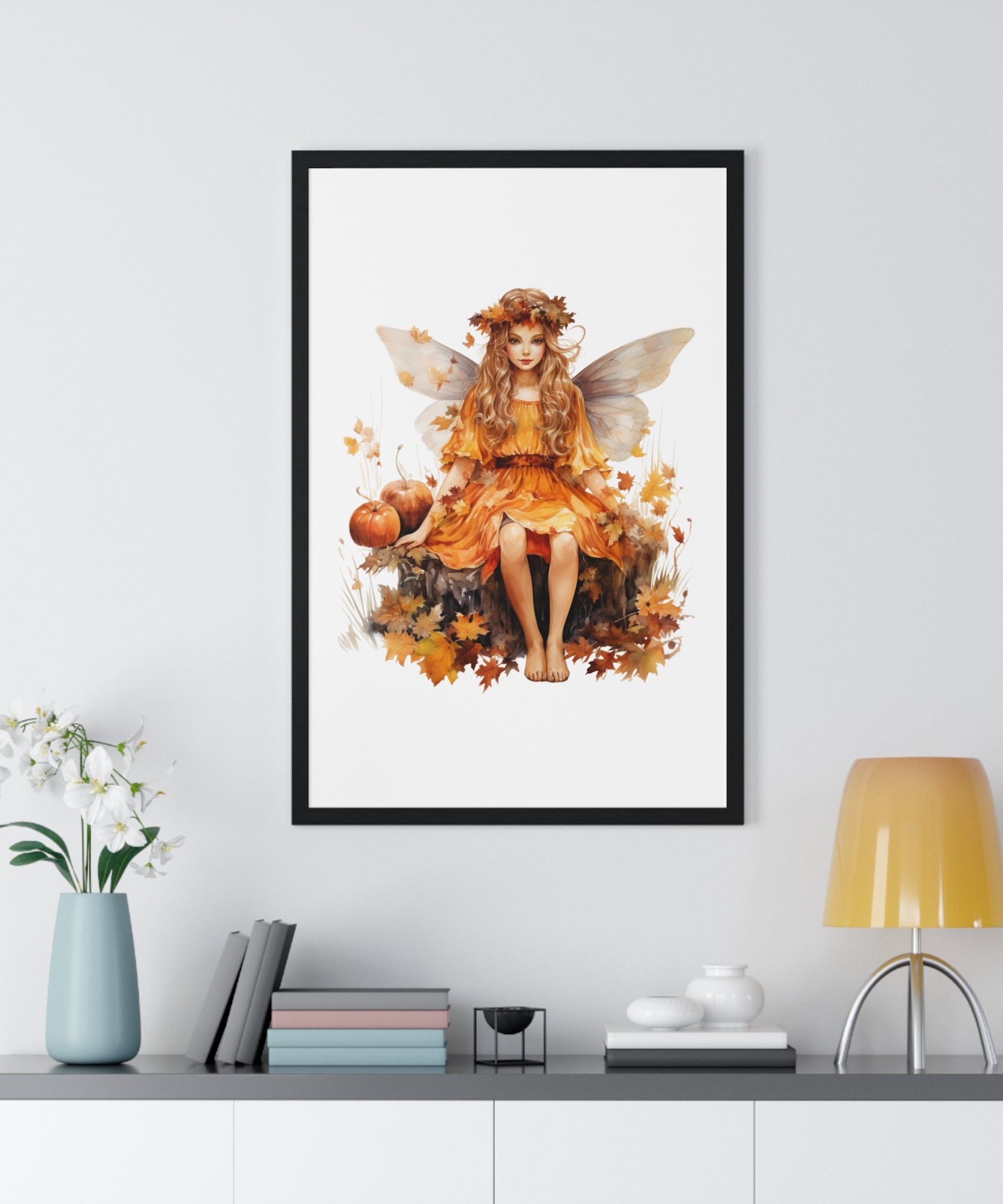 Fall Fairy Wall Art – Orange Dress Woodland Fairy with Pumpkins | Wooden Frame Poster for Autumn Home Decor