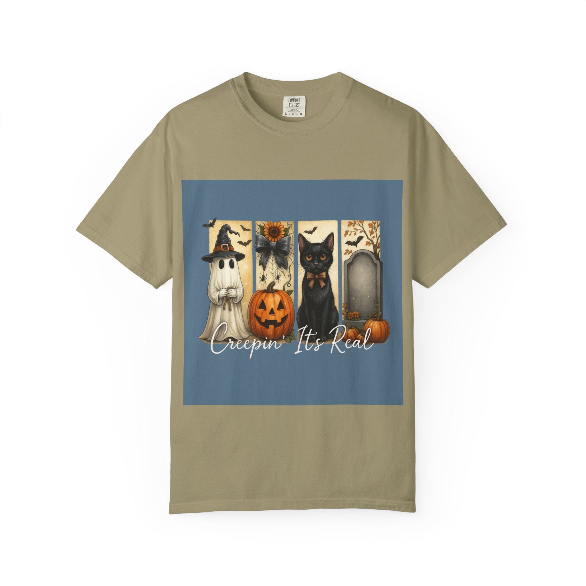Creepin’ It’s Real Halloween T-Shirt – Cute Ghost, Pumpkin, Black Cat & Tombstone Design