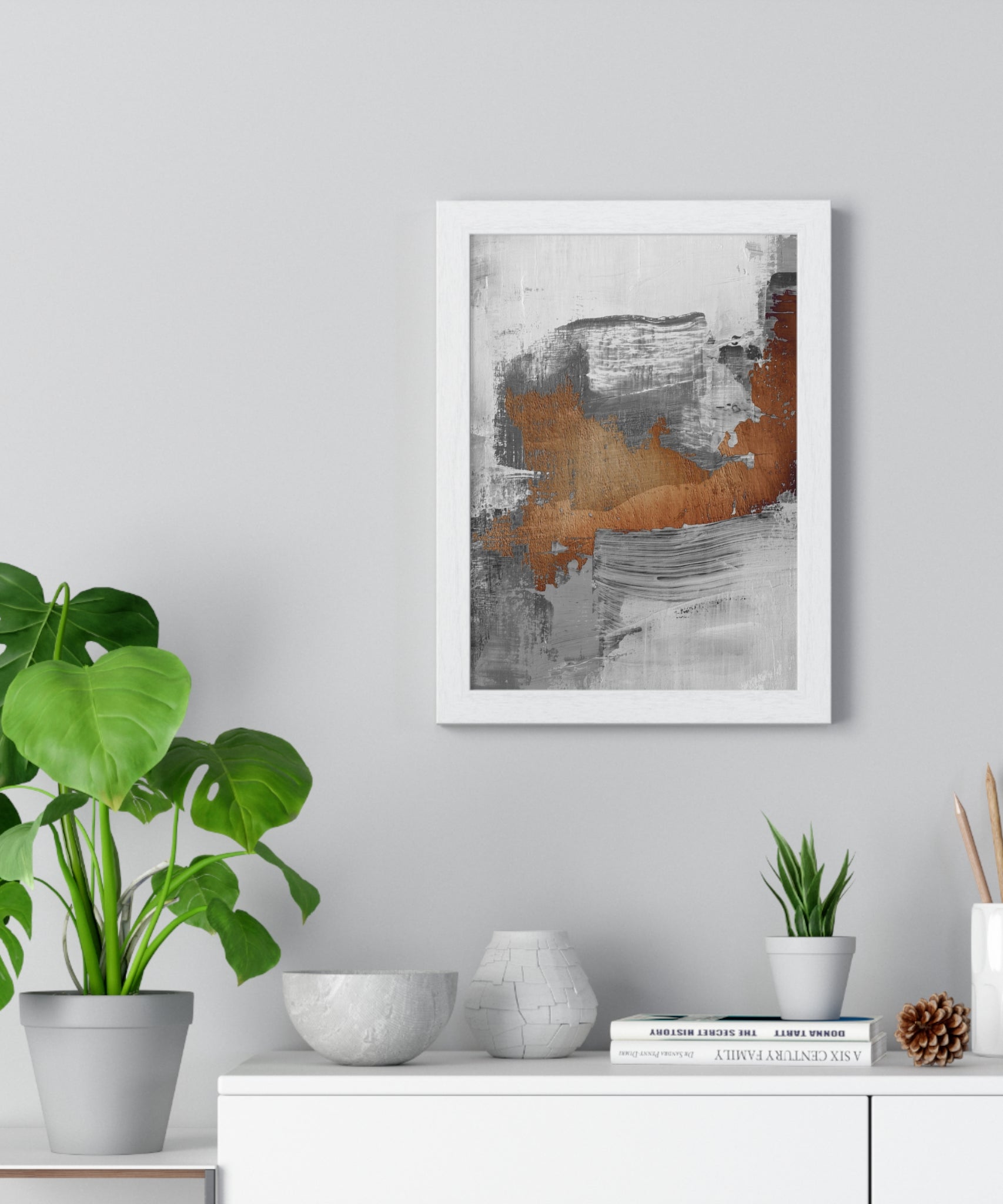 Textured Abstract Wall Art – Grey, Copper & White Modern Brushstroke Poster on Wooden Frame