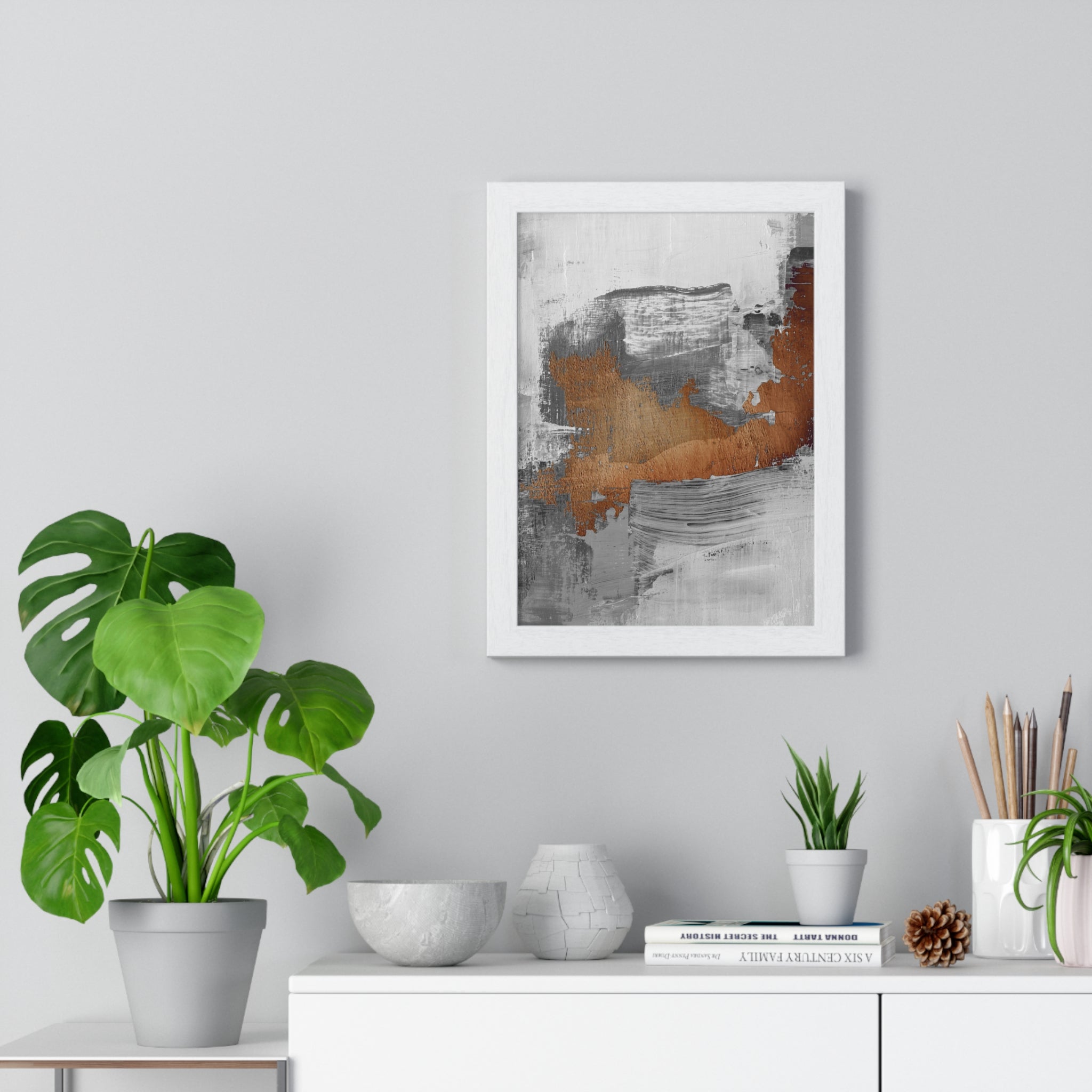 Textured Abstract Wall Art – Grey, Copper & White Modern Brushstroke Poster on Wooden Frame