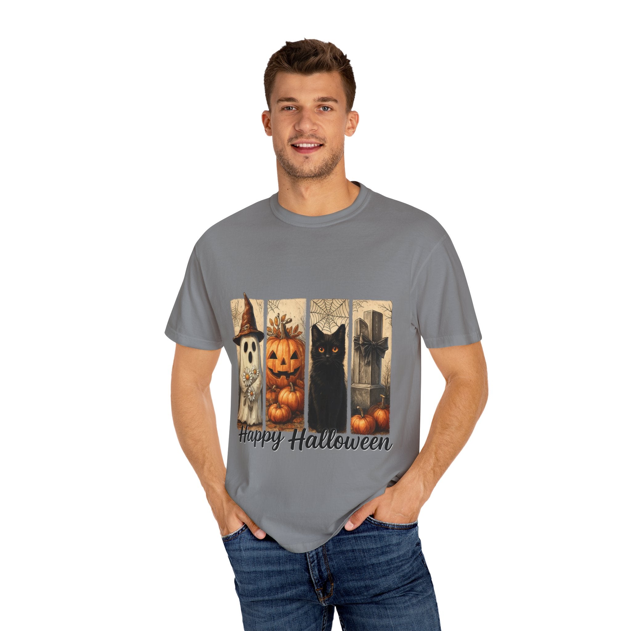 Happy Halloween Unisex T-Shirt – Ghost, Black Cat & Pumpkin Graphic Tee