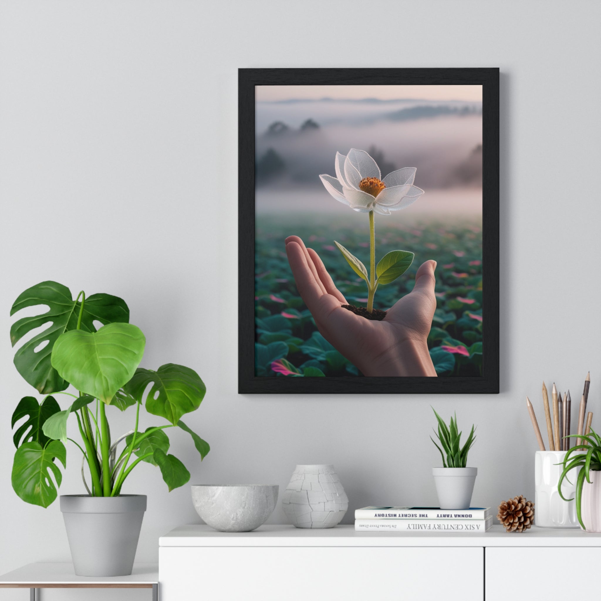 Framed Poster, Serene Floral Wall Art, Nature Print, Gift for Garden Lovers, Motivational Decor, Vertical Art Print