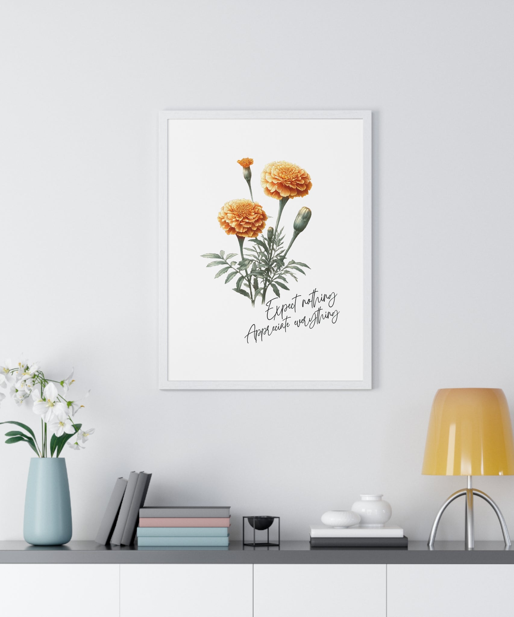 October Birth Month Flower Wall Art – Marigold Illustration with Inspirational Quote in Wooden Frame