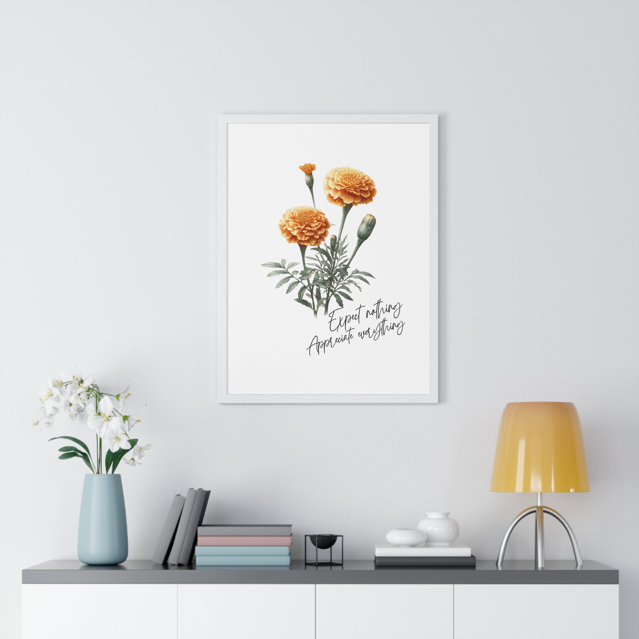 October Birth Month Flower Wall Art – Marigold Illustration with Inspirational Quote in Wooden Frame