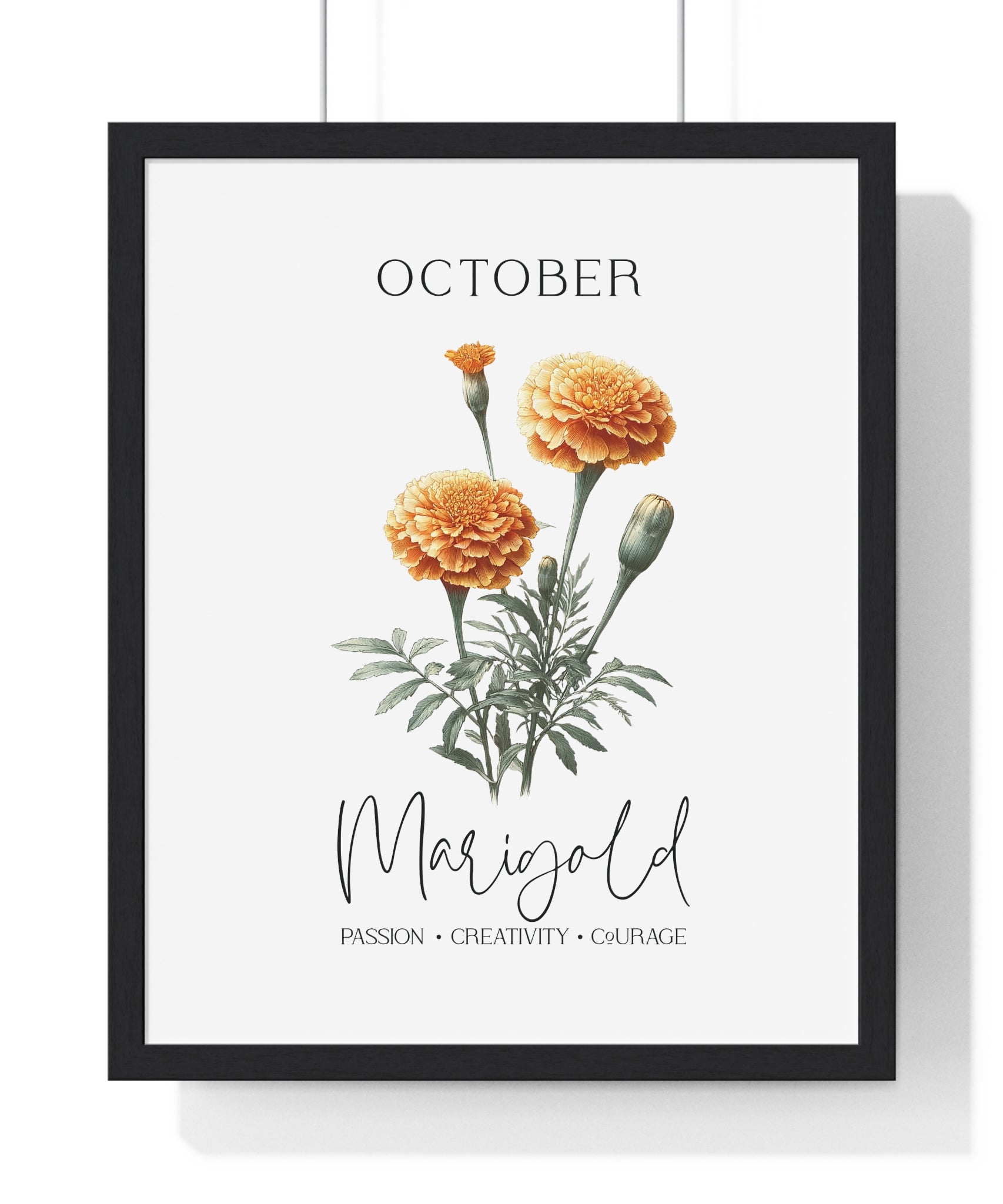 October Birth Month Flower Wall Art – Marigold Illustration in Wooden Frame | Passion, Creativity & Courage
