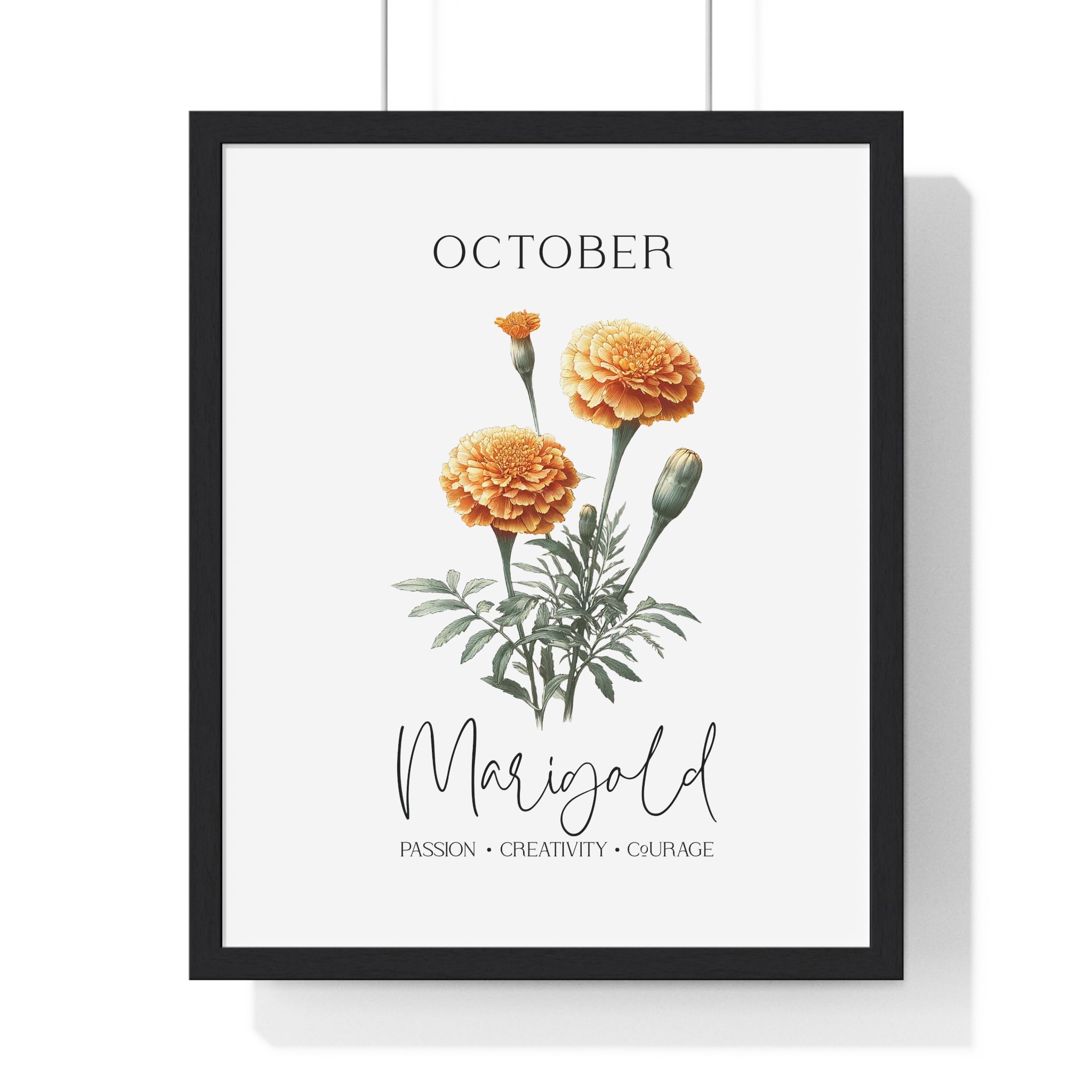 October Birth Month Flower Wall Art – Marigold Illustration in Wooden Frame | Passion, Creativity & Courage