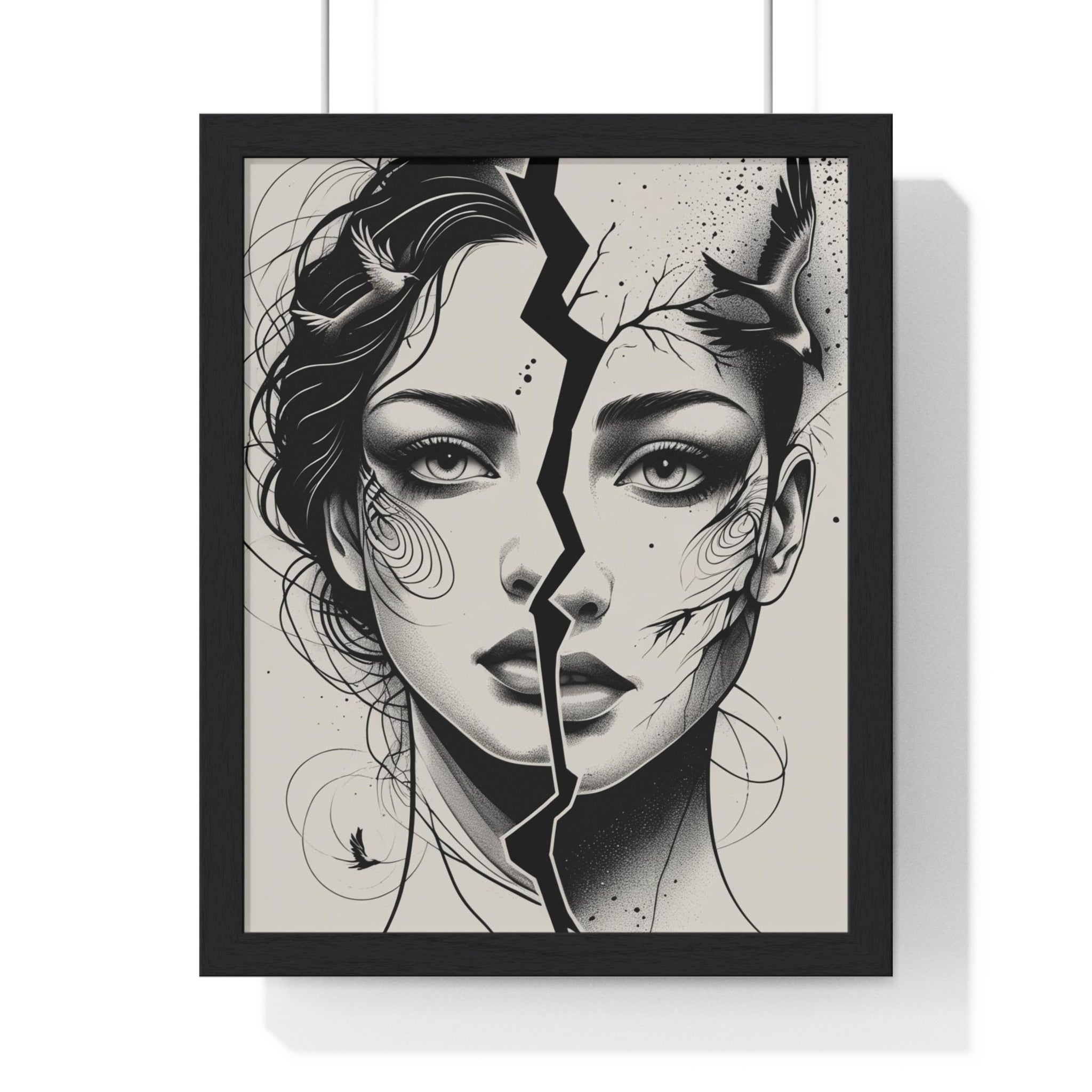 Vertical Framed Poster, Women Split Face Home Decor Art Modern Wall Unique Gift Inspirational Artwork, Wall Hanging Art Print