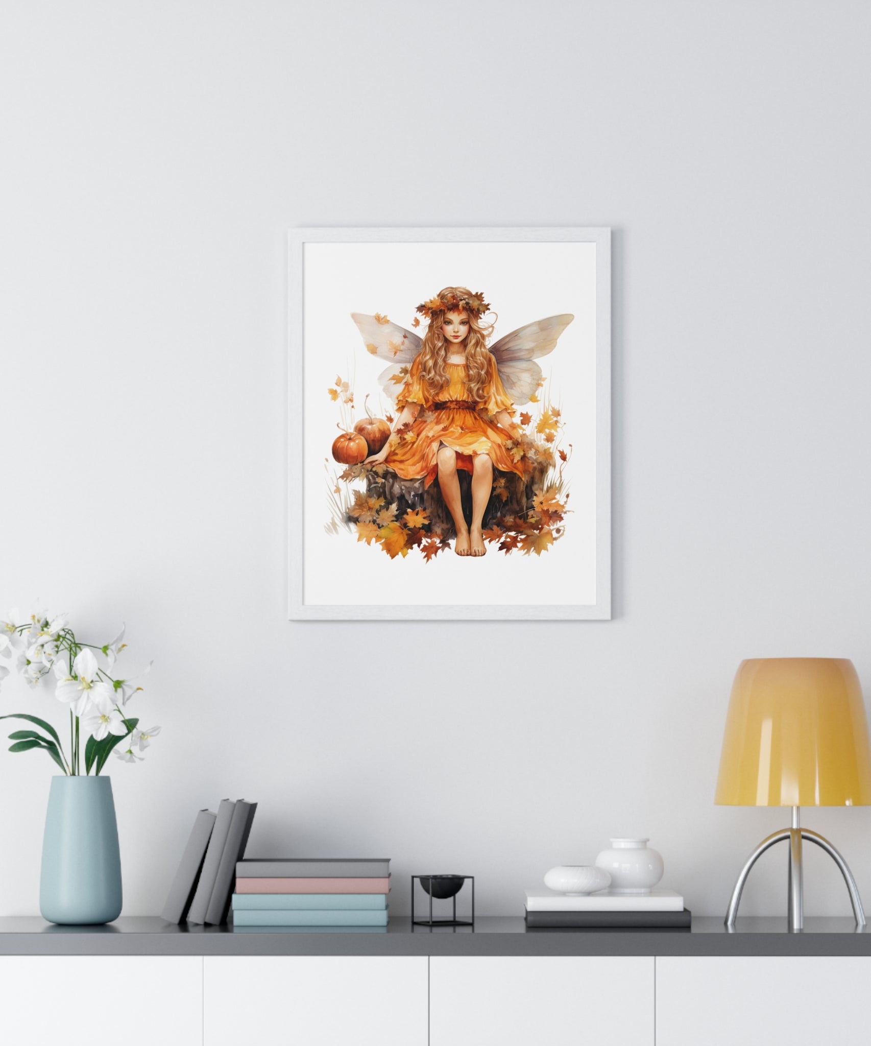 Fall Fairy Wall Art – Orange Dress Woodland Fairy with Pumpkins | Wooden Frame Poster for Autumn Home Decor
