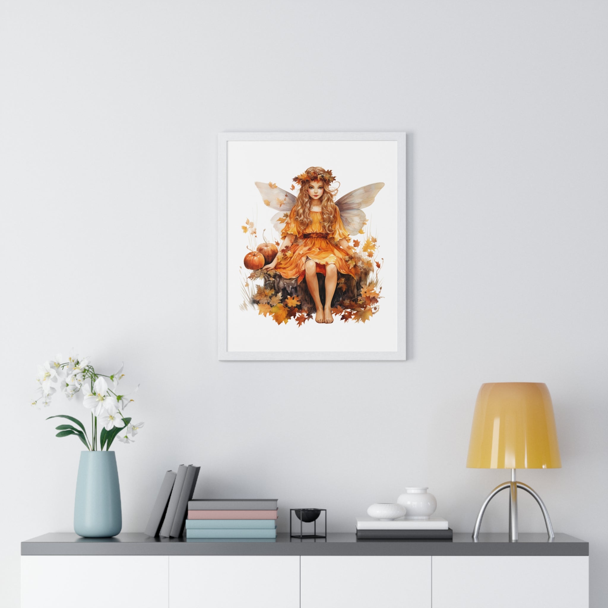 Fall Fairy Wall Art – Orange Dress Woodland Fairy with Pumpkins | Wooden Frame Poster for Autumn Home Decor