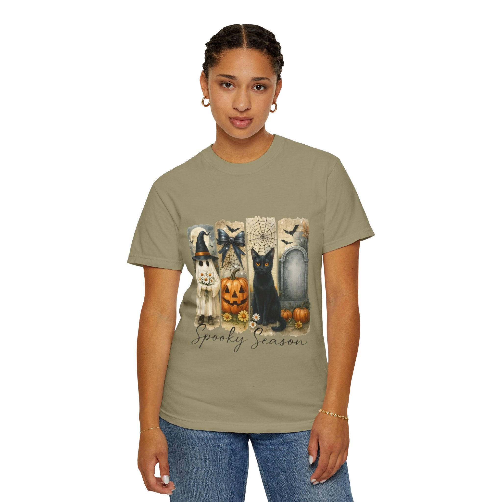 Spooky Season Halloween Unisex T-Shirt – Ghost, Black Cat & Pumpkin Design
