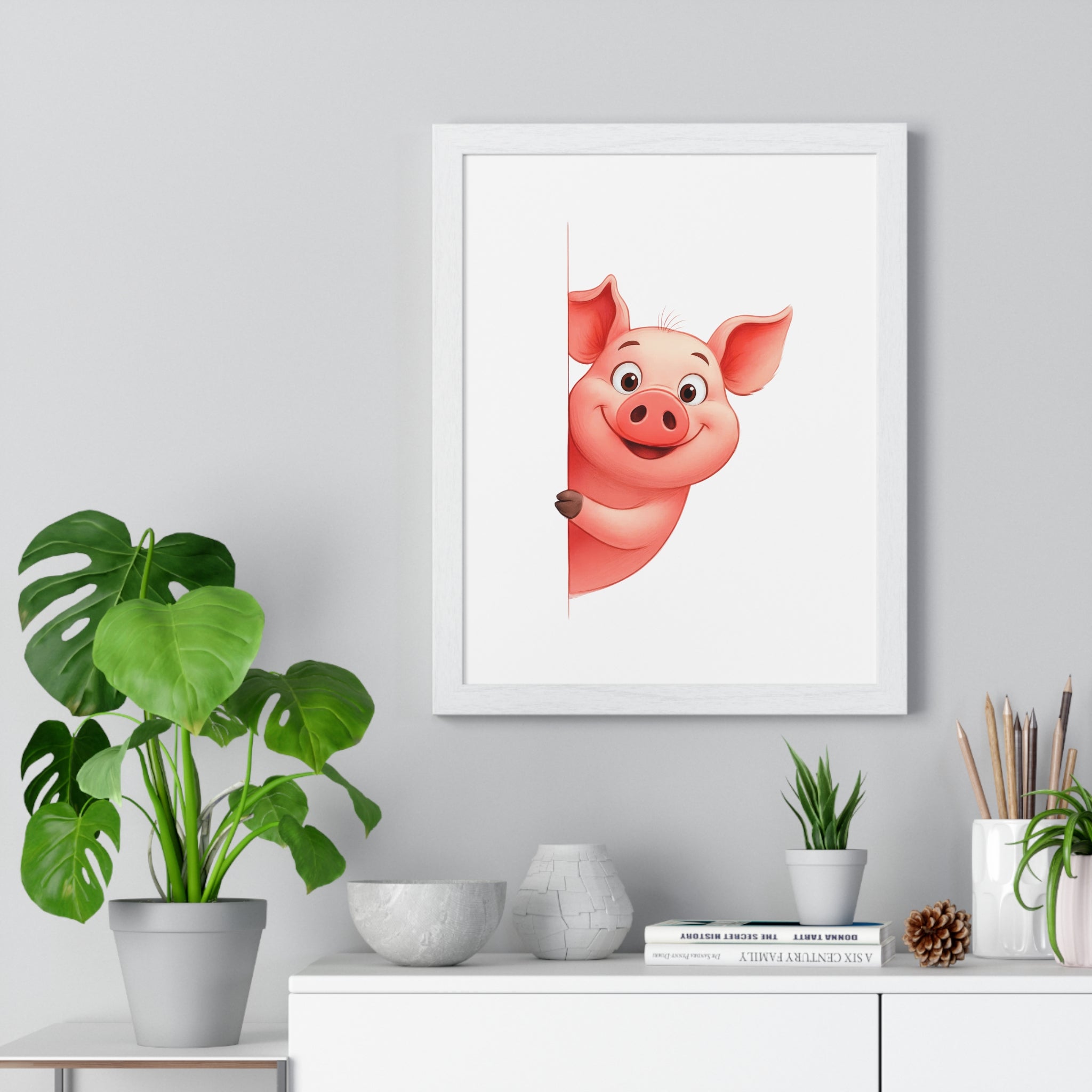 Cheerful Cartoon Pig Wall Art – Wooden Frame Farm Animal Decor