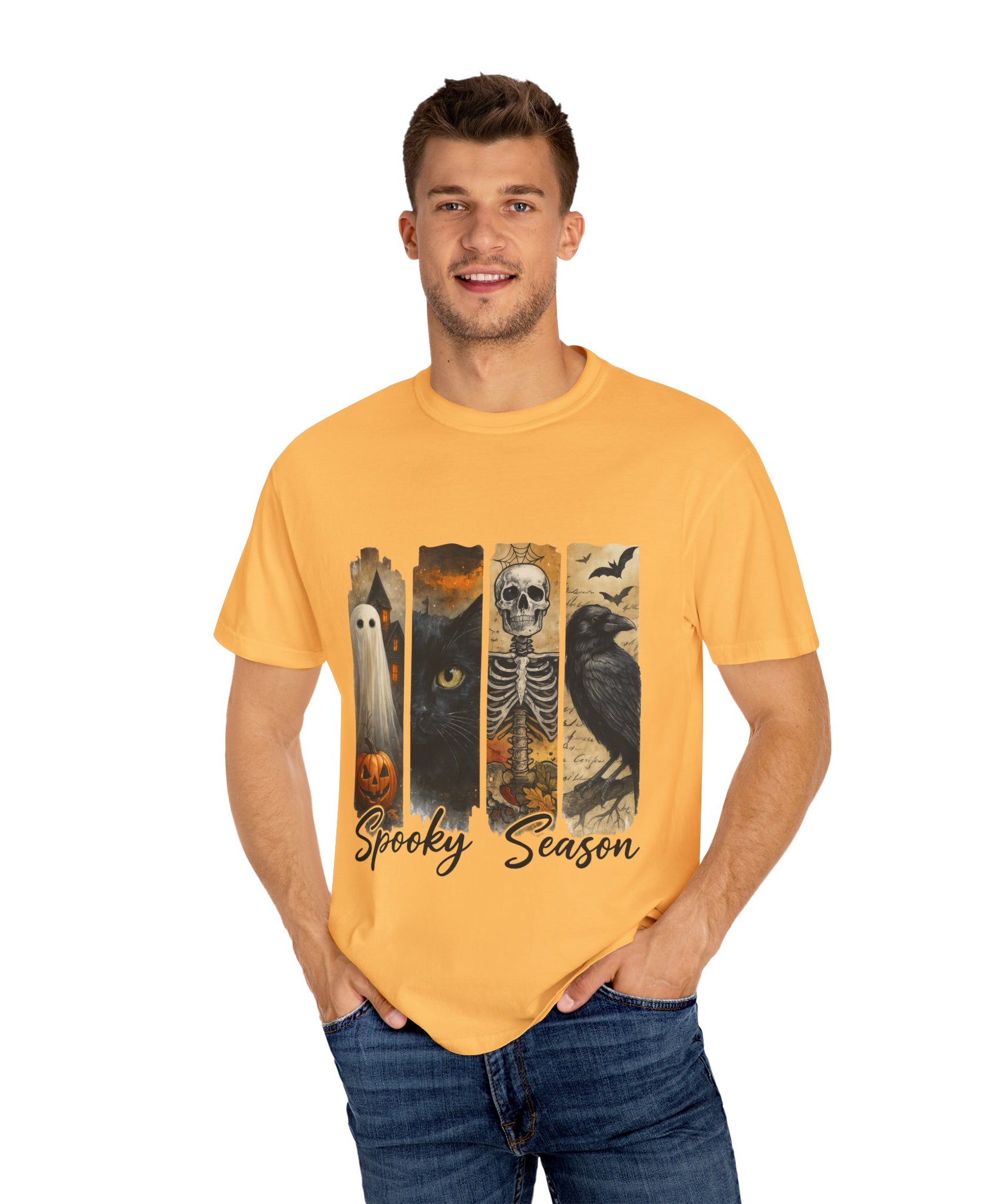 Spooky Season Gothic Halloween T-Shirt – Ghost, Black Cat, Skeleton & Raven Design - Gallory Hive