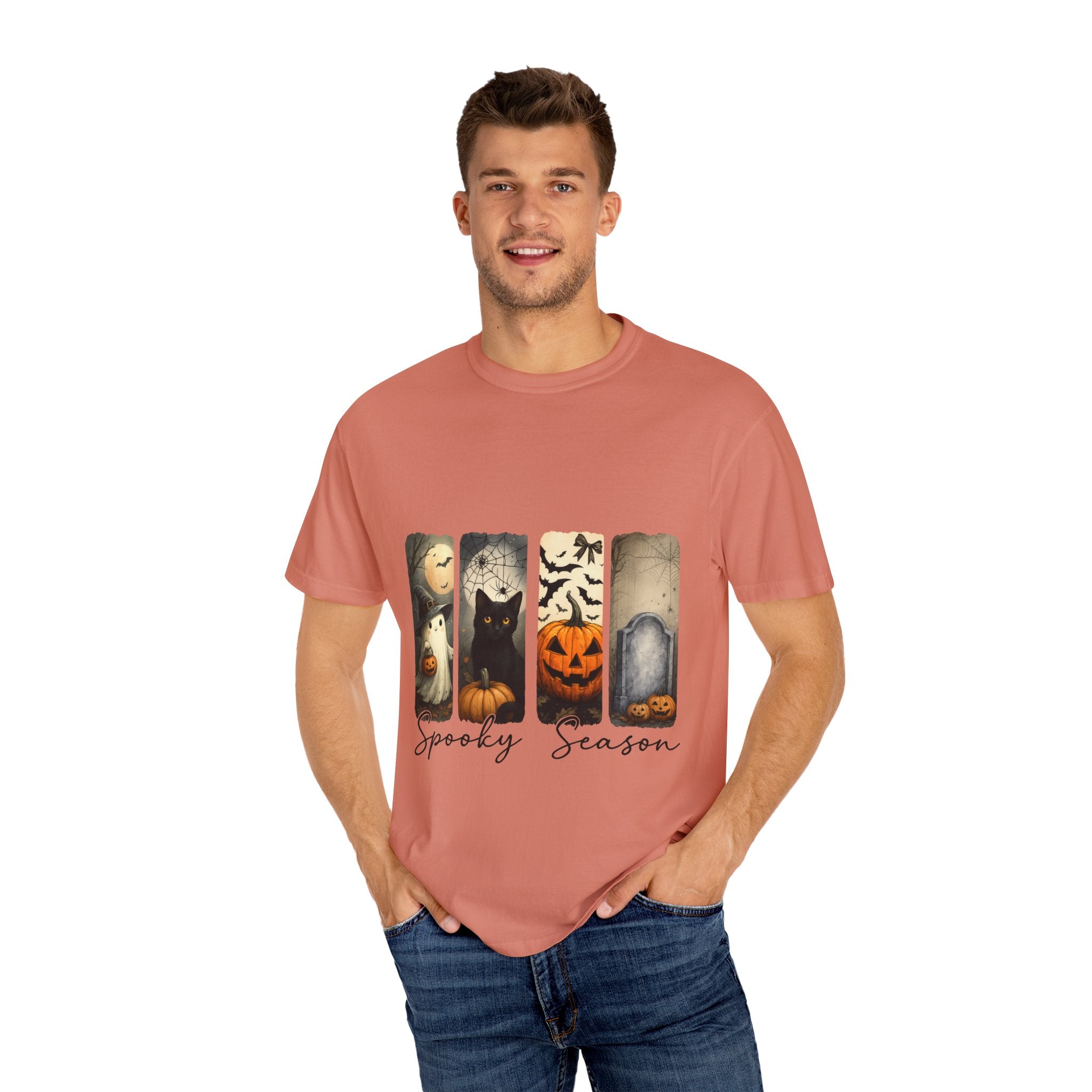 Halloween Night Unisex T-Shirt – Ghost, Black Cat, Pumpkin & Tombstone Vintage Art