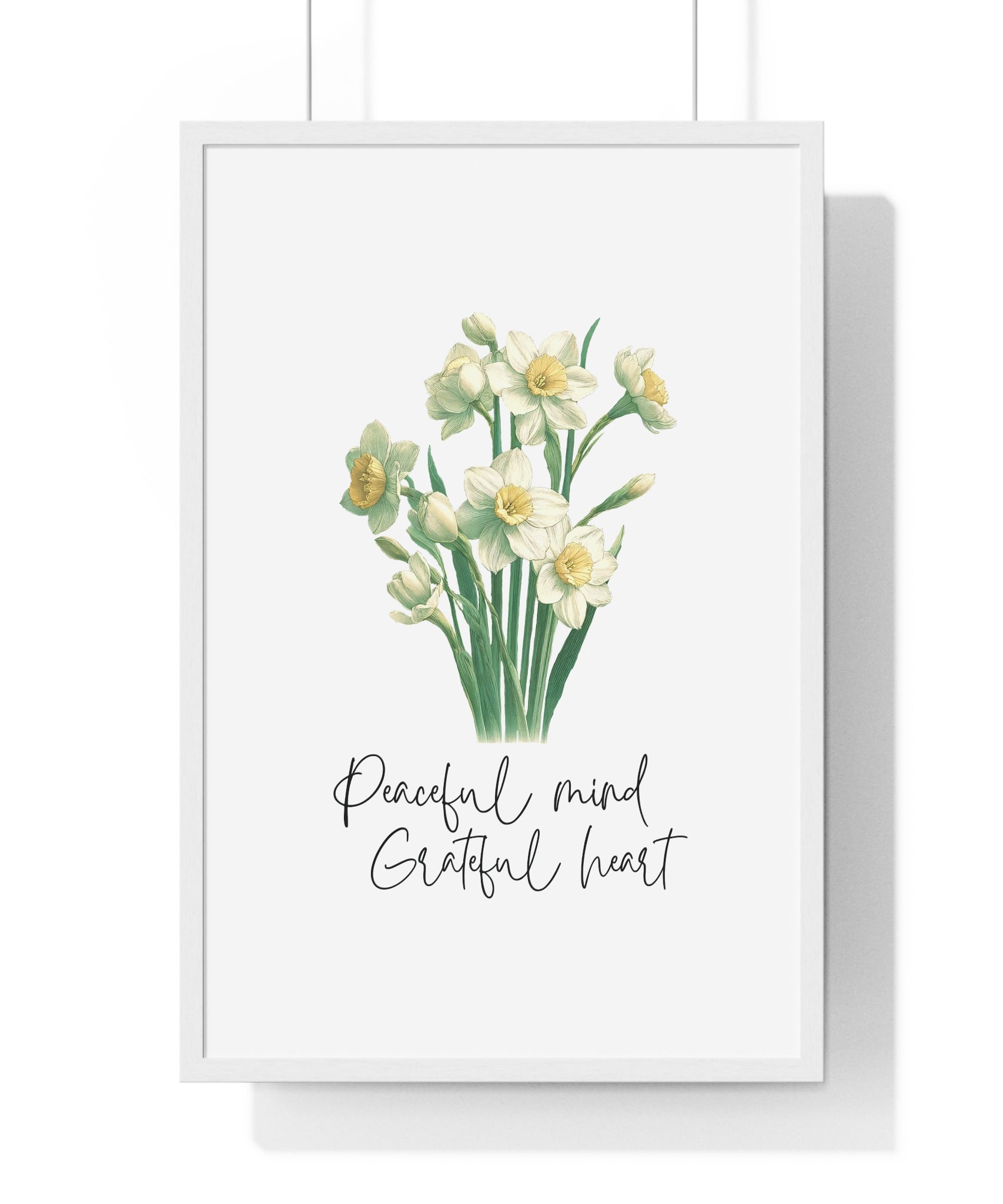 December Birth Month Flower Wall Art – Narcissus Illustration with Inspirational Quote in Wooden Frame | Peaceful Mind & Grateful Heart