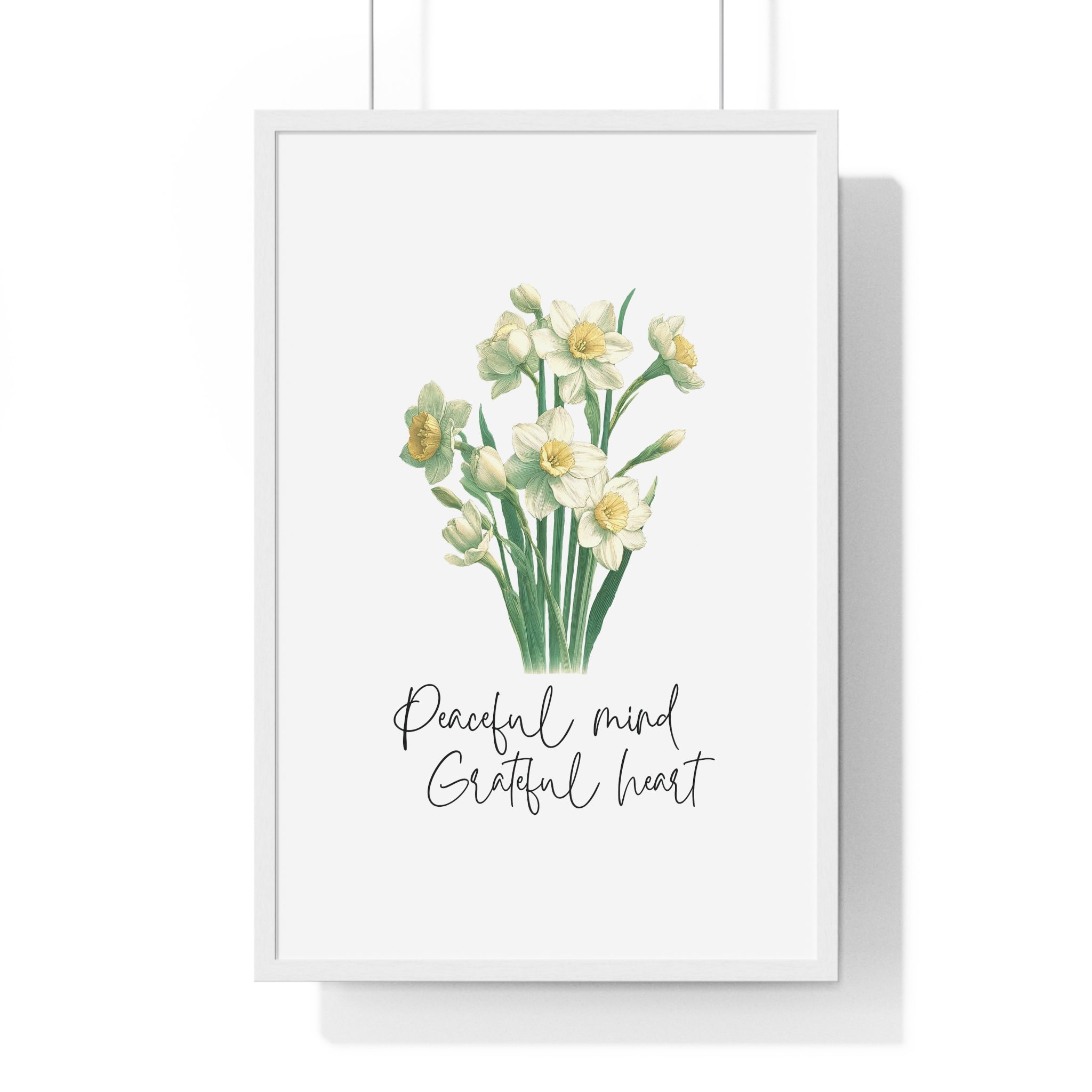 December Birth Month Flower Wall Art – Narcissus Illustration with Inspirational Quote in Wooden Frame | Peaceful Mind & Grateful Heart