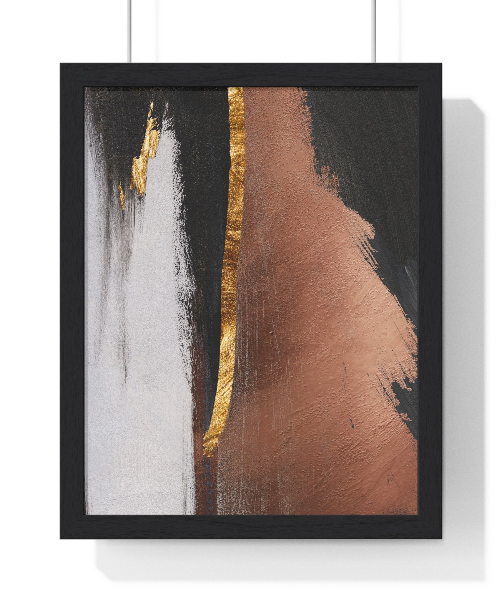 Modern Abstract Wall Art – Bold Black, Copper & Gold Textured Poster on Wooden Frame – Luxury Canvas Print for Home or Office