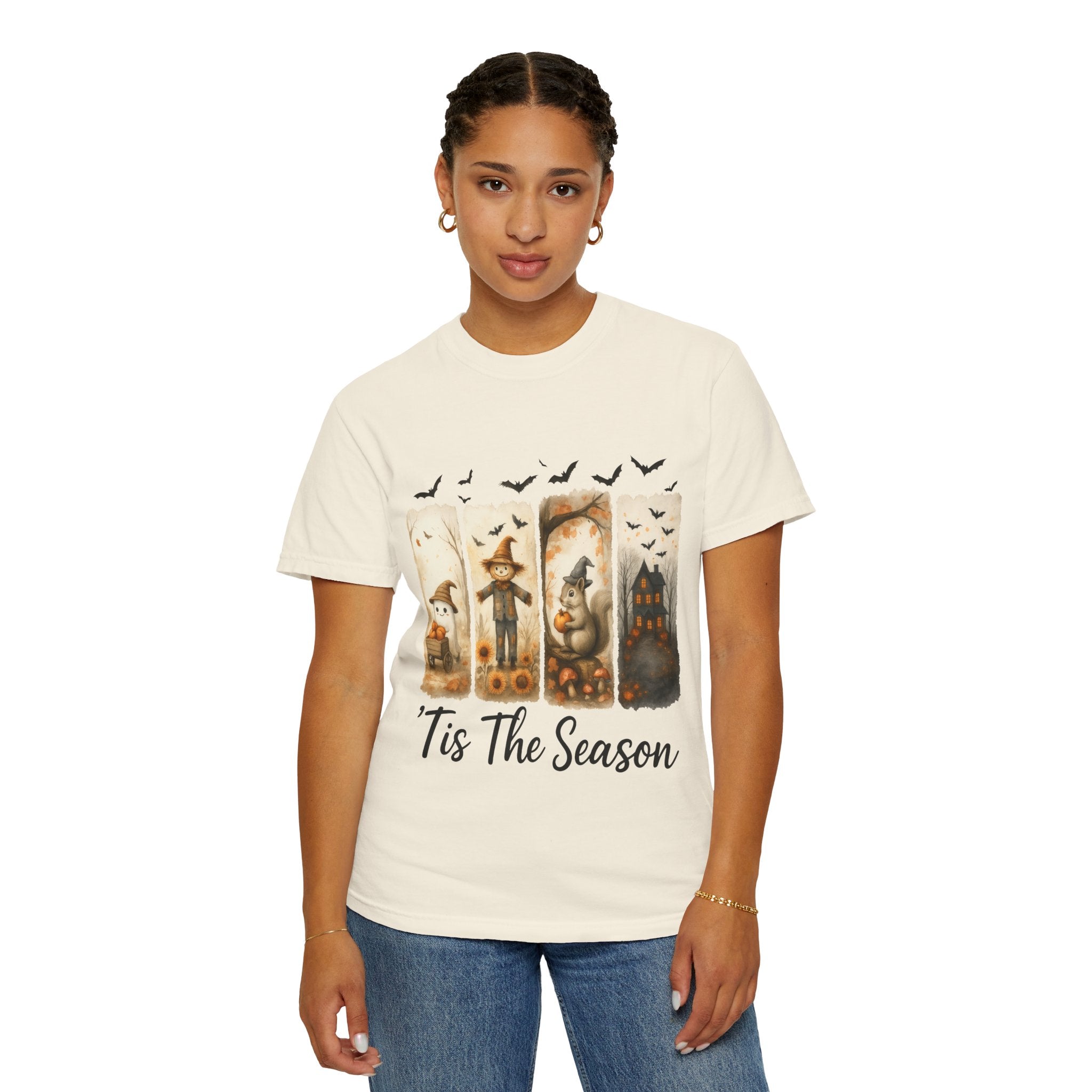 Tis The Season Fall Halloween T-Shirt – Cute Ghost, Scarecrow, Squirrel & Haunted House Design