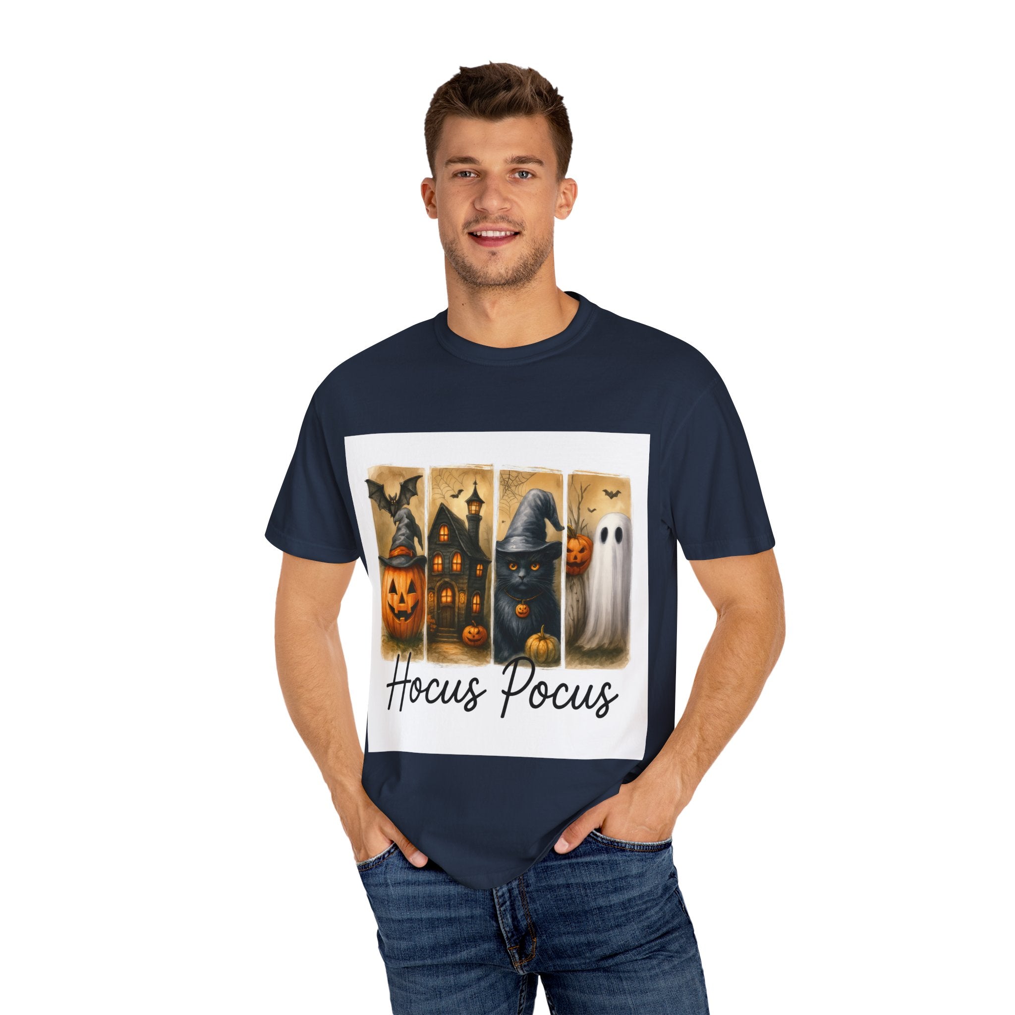 Hocus Pocus Halloween Unisex T-Shirt – Witchy Cat, Haunted House, Pumpkin & Ghost Art