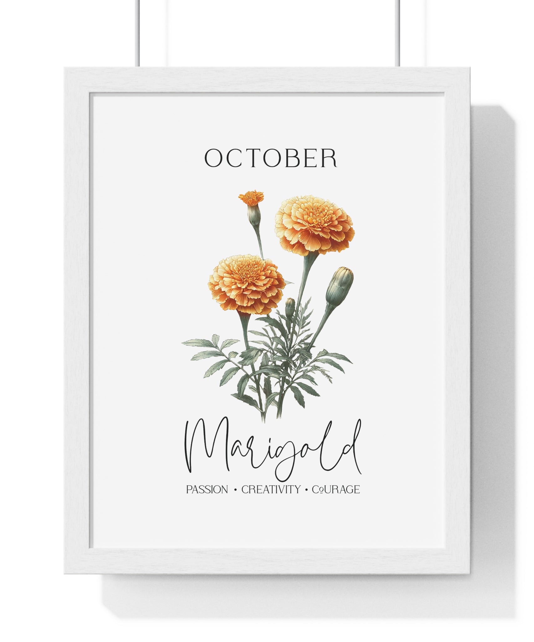 October Birth Month Flower Wall Art – Marigold Illustration in Wooden Frame | Passion, Creativity & Courage